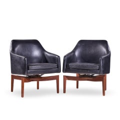 Jens Risom Mid Century Walnut Swivel Chairs - Pair