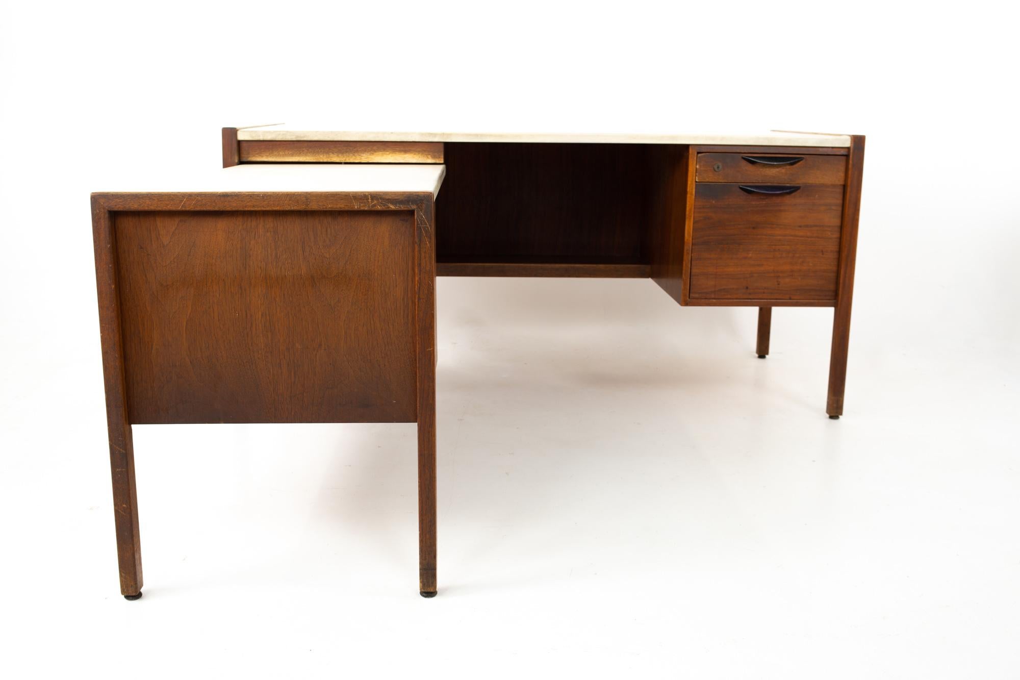 Jens Risom Mid Century walnut and white leather executive desk
Desk measures: 62 wide x 67.5 deep x 29 inches high 

All pieces of furniture can be had in what we call restored vintage condition. This means the piece is restored upon purchase so