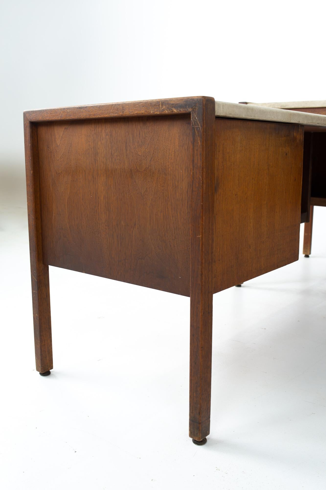 Mid-Century Modern Jens Risom Mid Century Walnut and White Leather Executive Desk