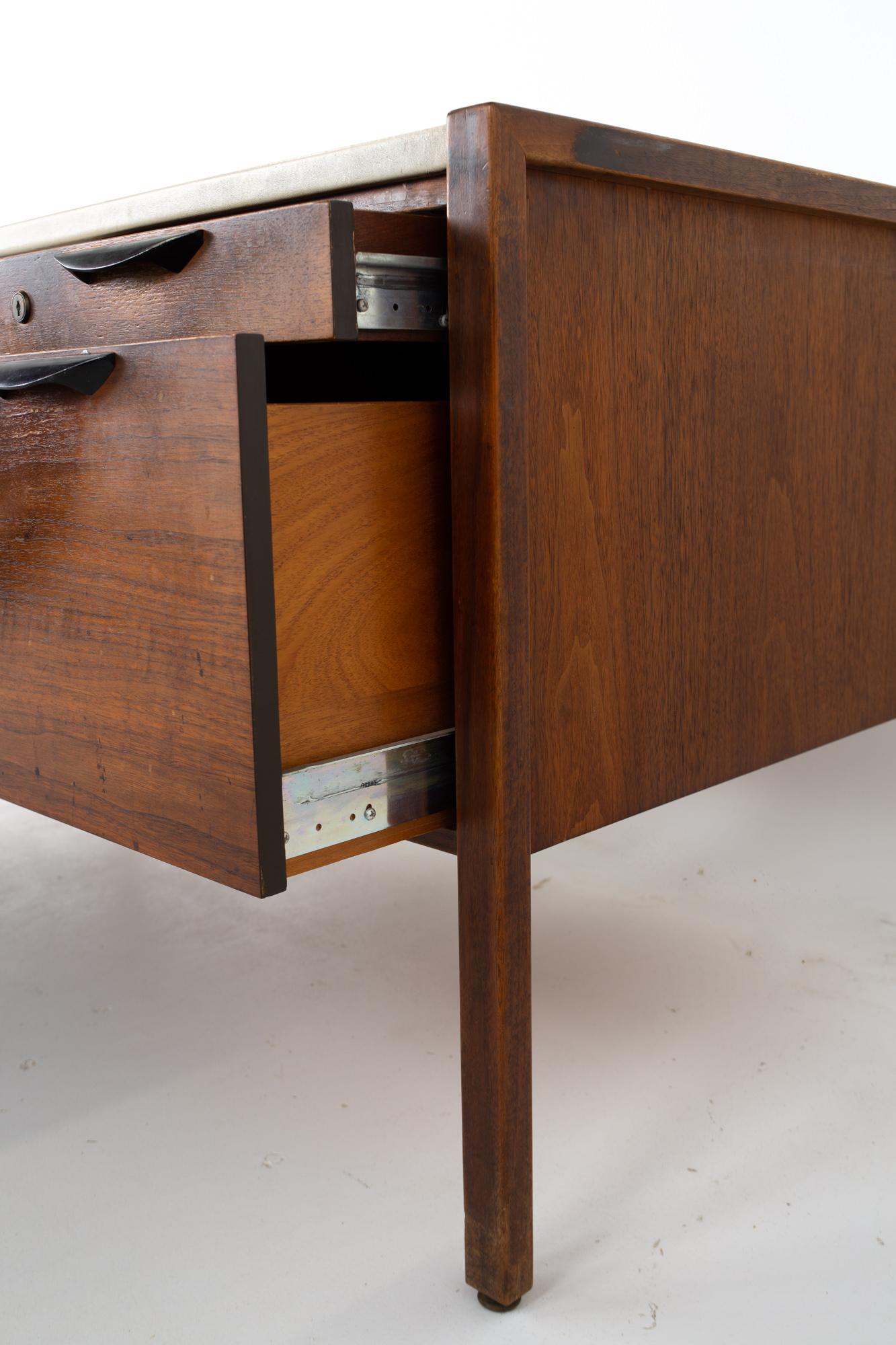 American Jens Risom Mid Century Walnut and White Leather Executive Desk