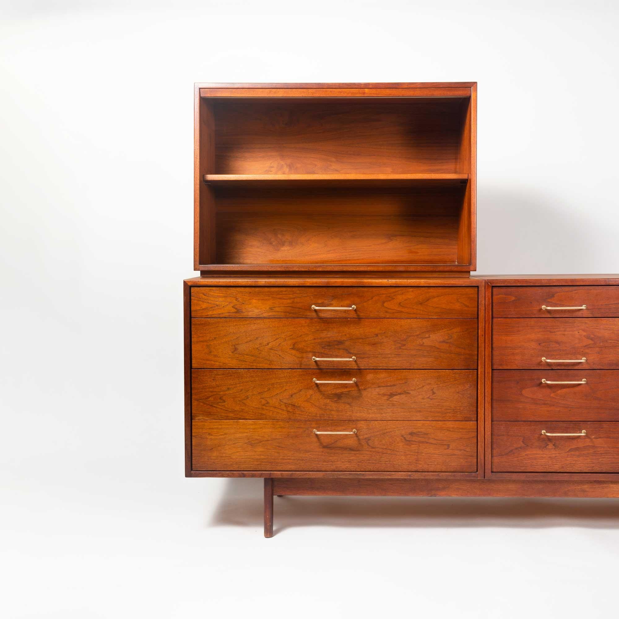 Three piece walnut Danish Modern R Jens Risom credenza. Jens Risom (Denmark/US 1916-2016) was a Danish American furniture designer, an examplar of Mid-Century modern design and one of the first designers to introduce Scandinavian design in the