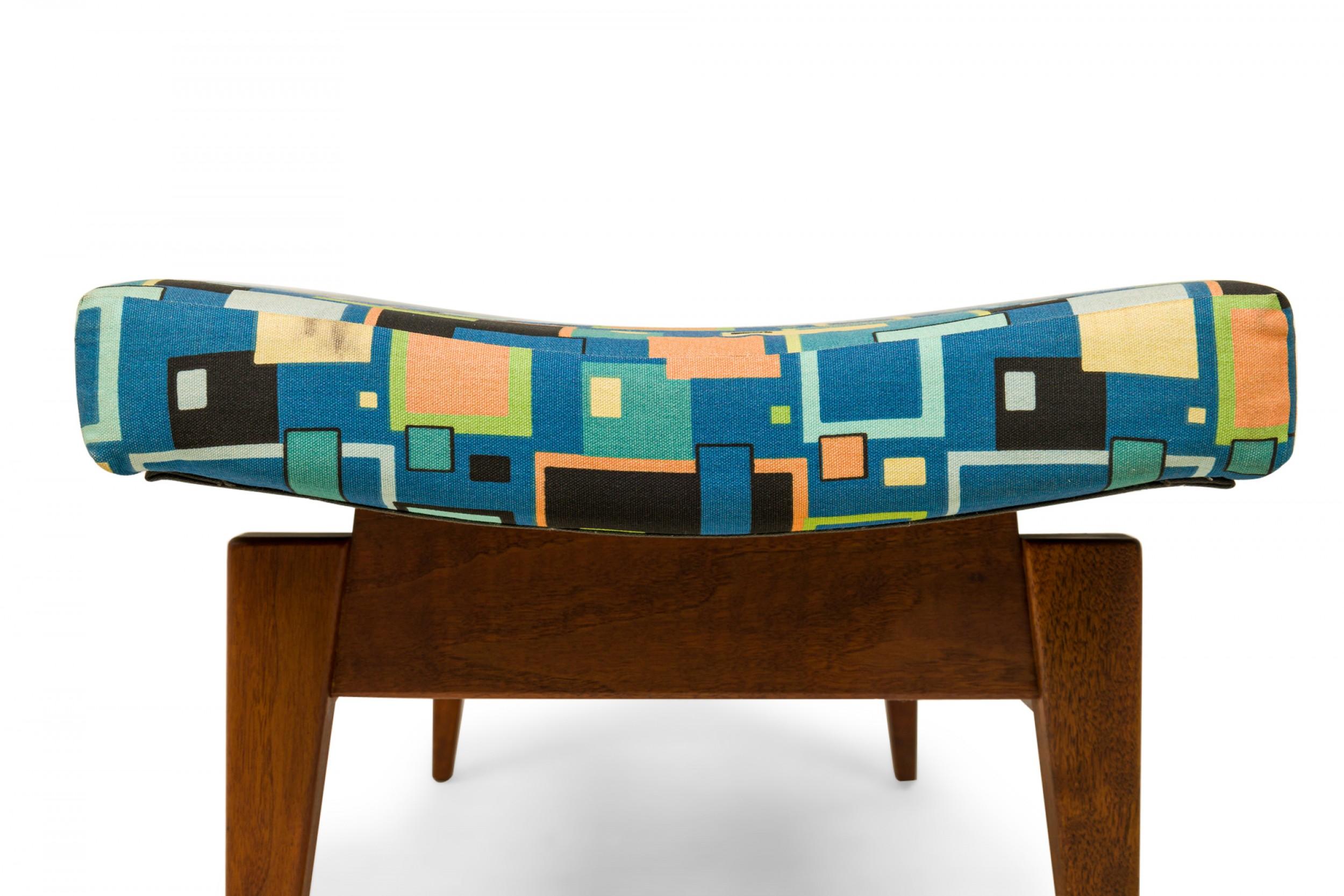 Jens Risom Multi-Colored Geometric Pattern Upholstery and Wood Floating Bench For Sale 3