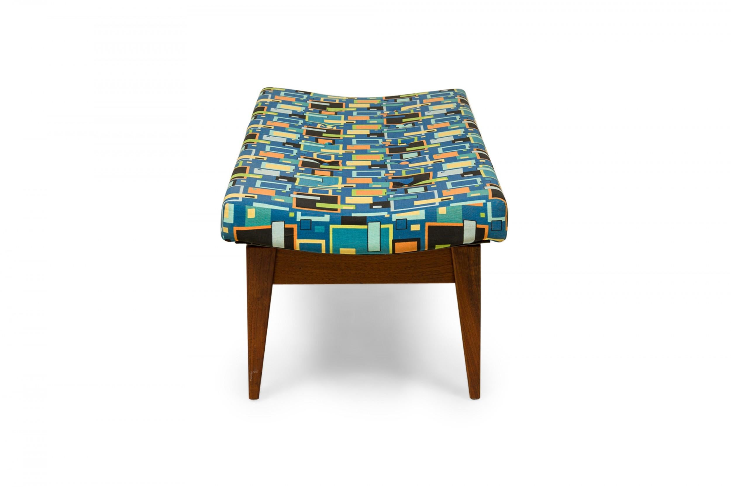 Mid-Century Modern Jens Risom Multi-Colored Geometric Pattern Upholstery and Wood Floating Bench For Sale