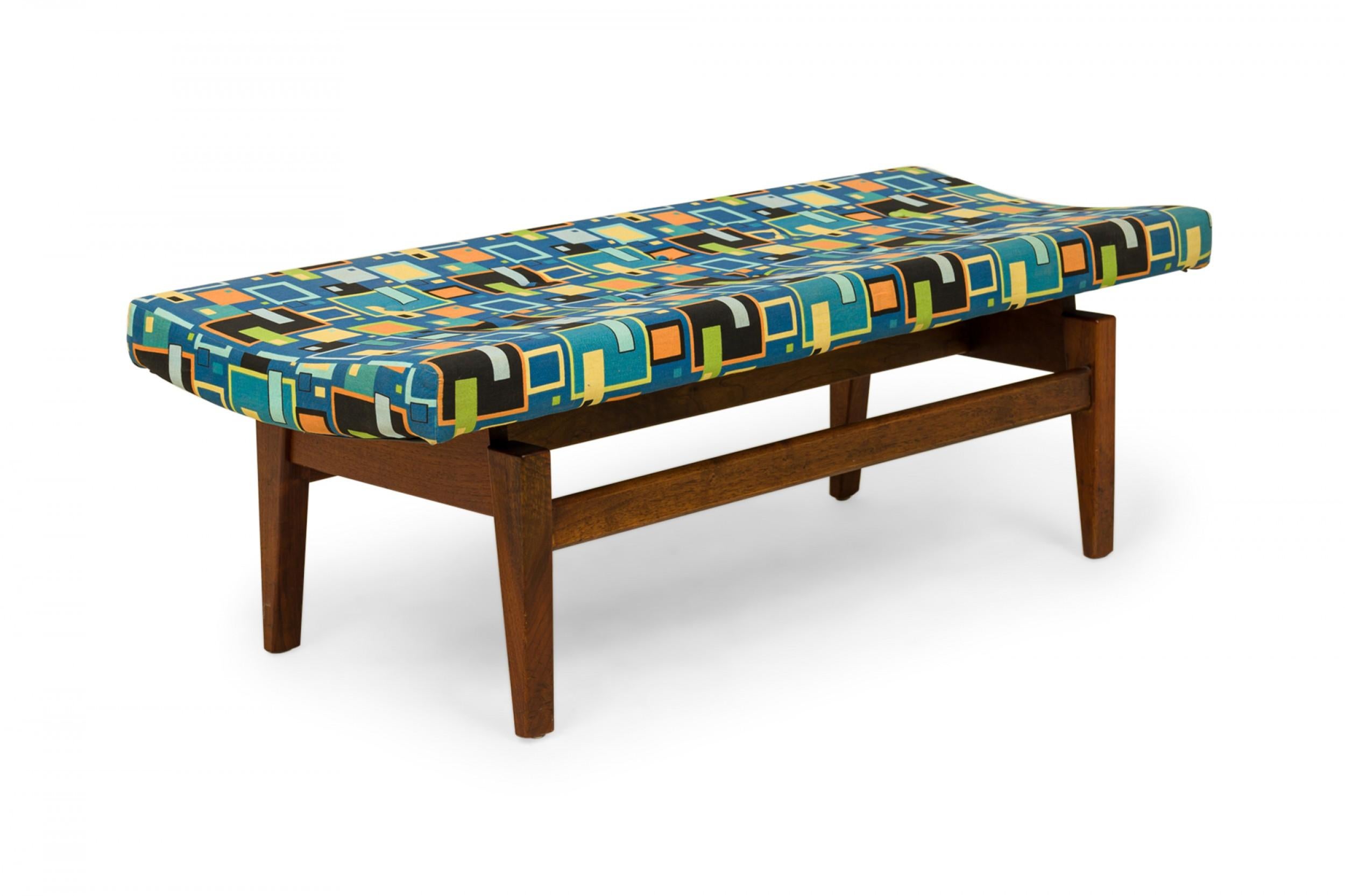 Danish Jens Risom Multi-Colored Geometric Pattern Upholstery and Wood Floating Bench For Sale