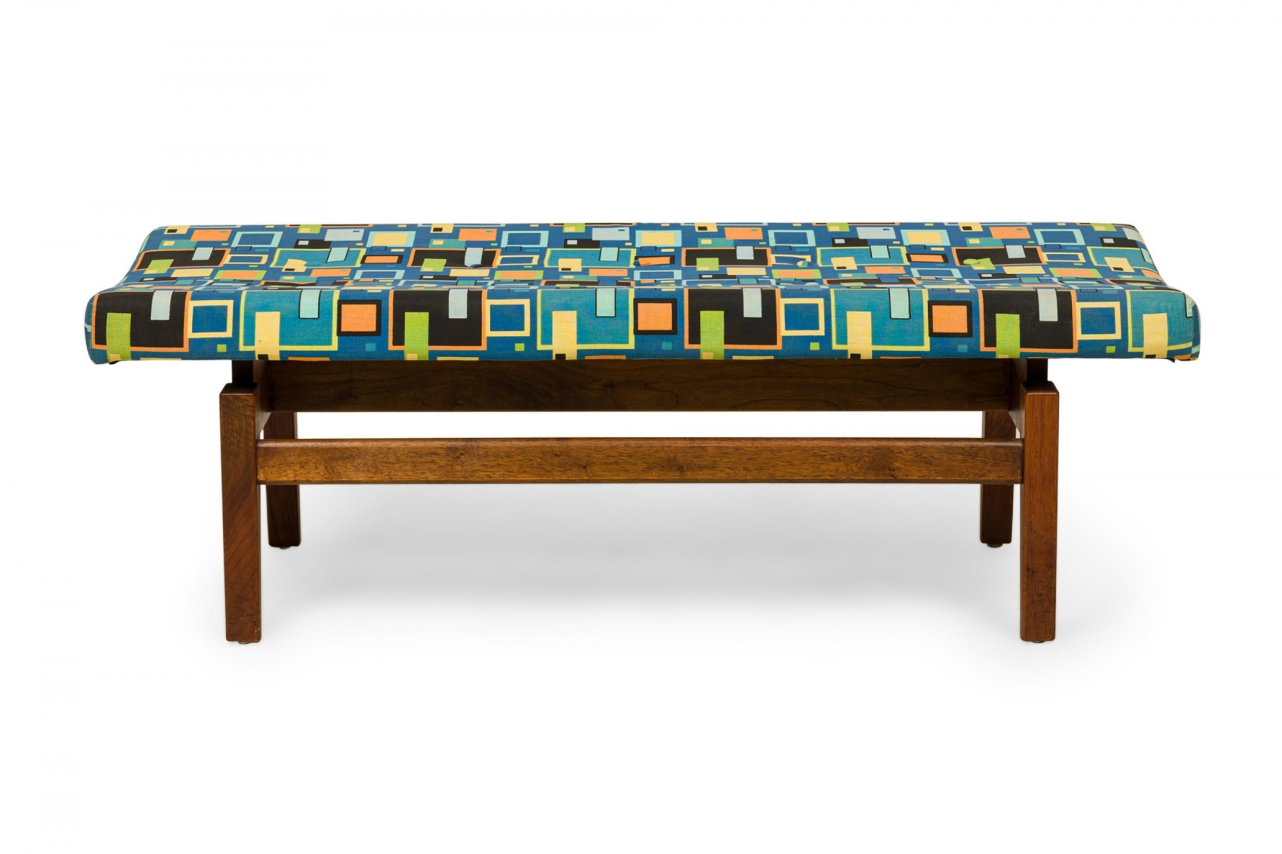 Jens Risom Multi-Colored Geometric Pattern Upholstery and Wood Floating Bench In Good Condition For Sale In New York, NY