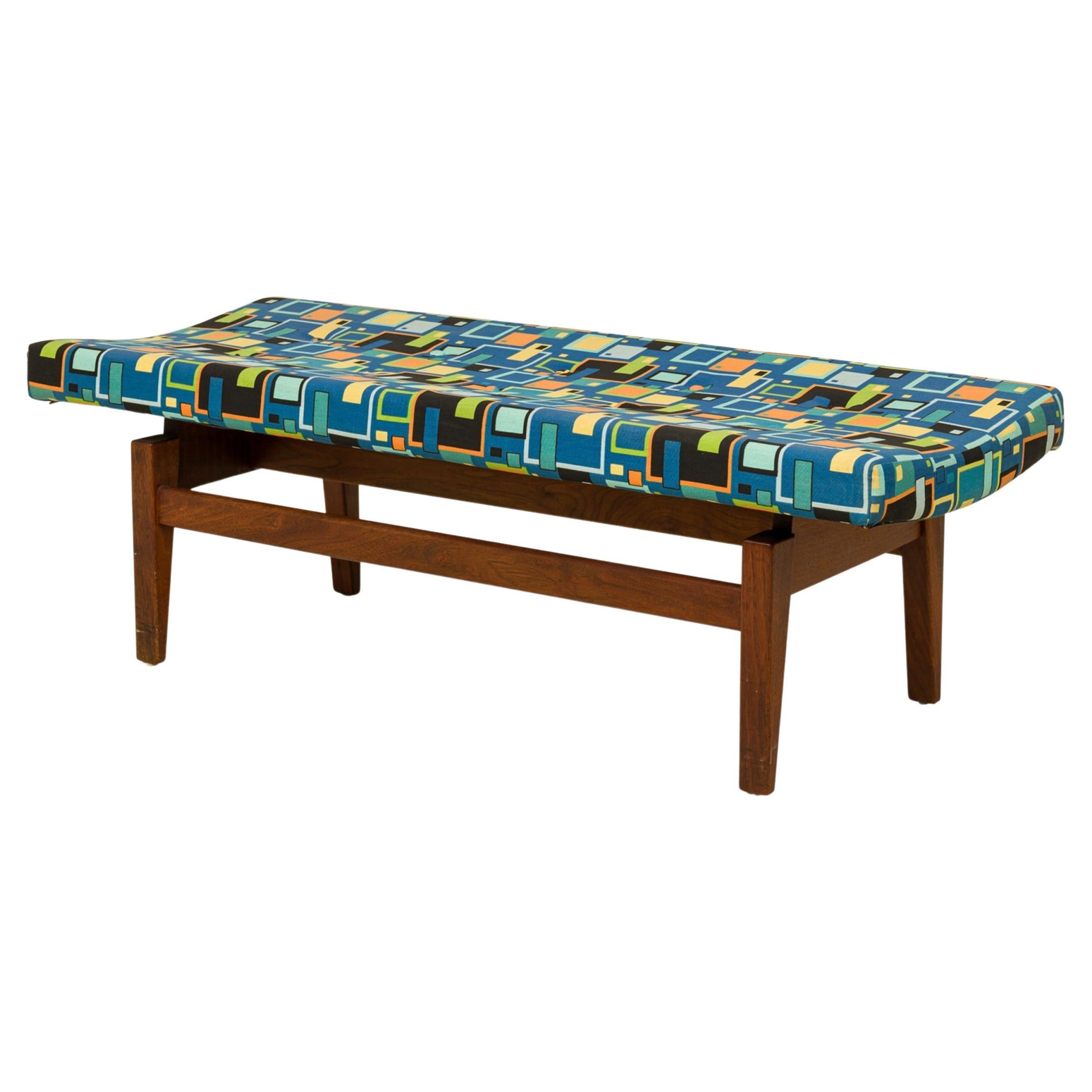 Jens Risom Multi-Colored Geometric Pattern Upholstery and Wood Floating Bench For Sale