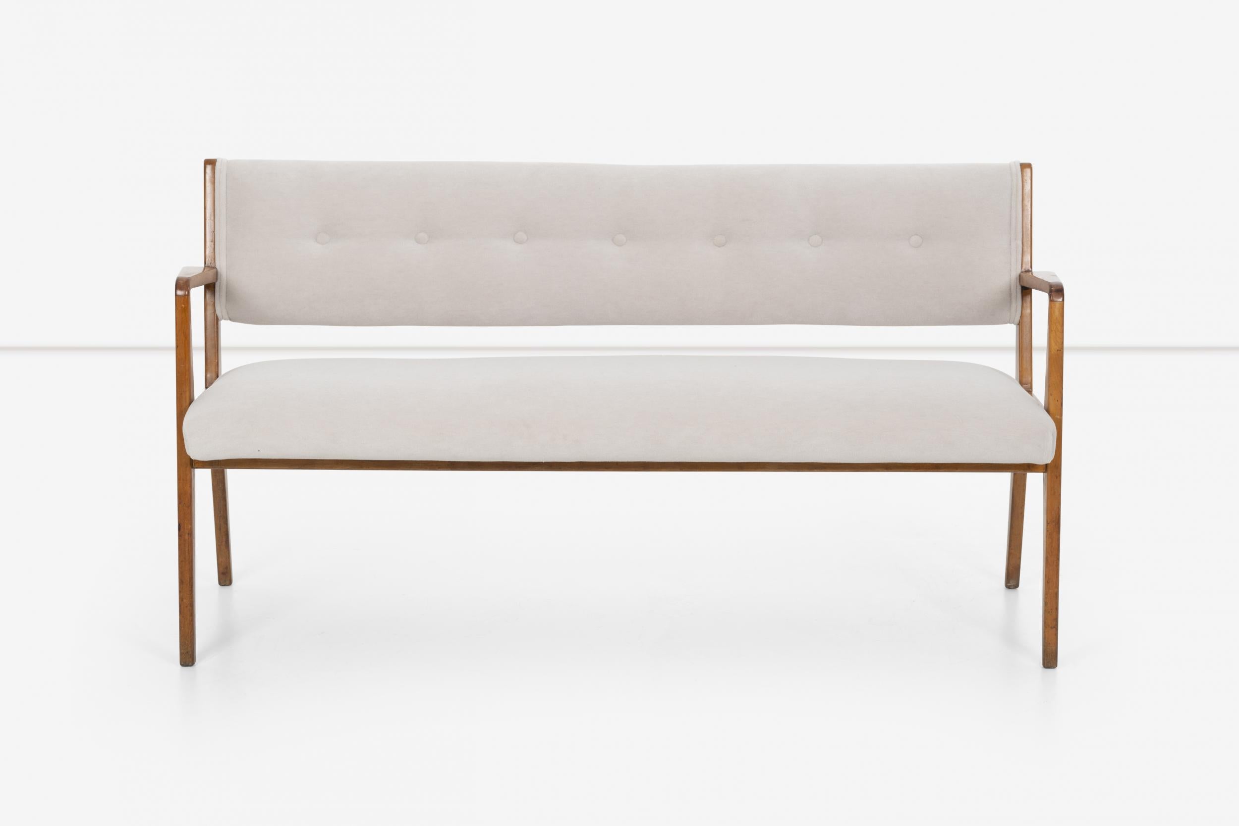 Jens Risom Open-Arm bench, Solid maple frame reupholstered with cotton fabric.
Frame is original with natural patina and age with use, presents well.
 