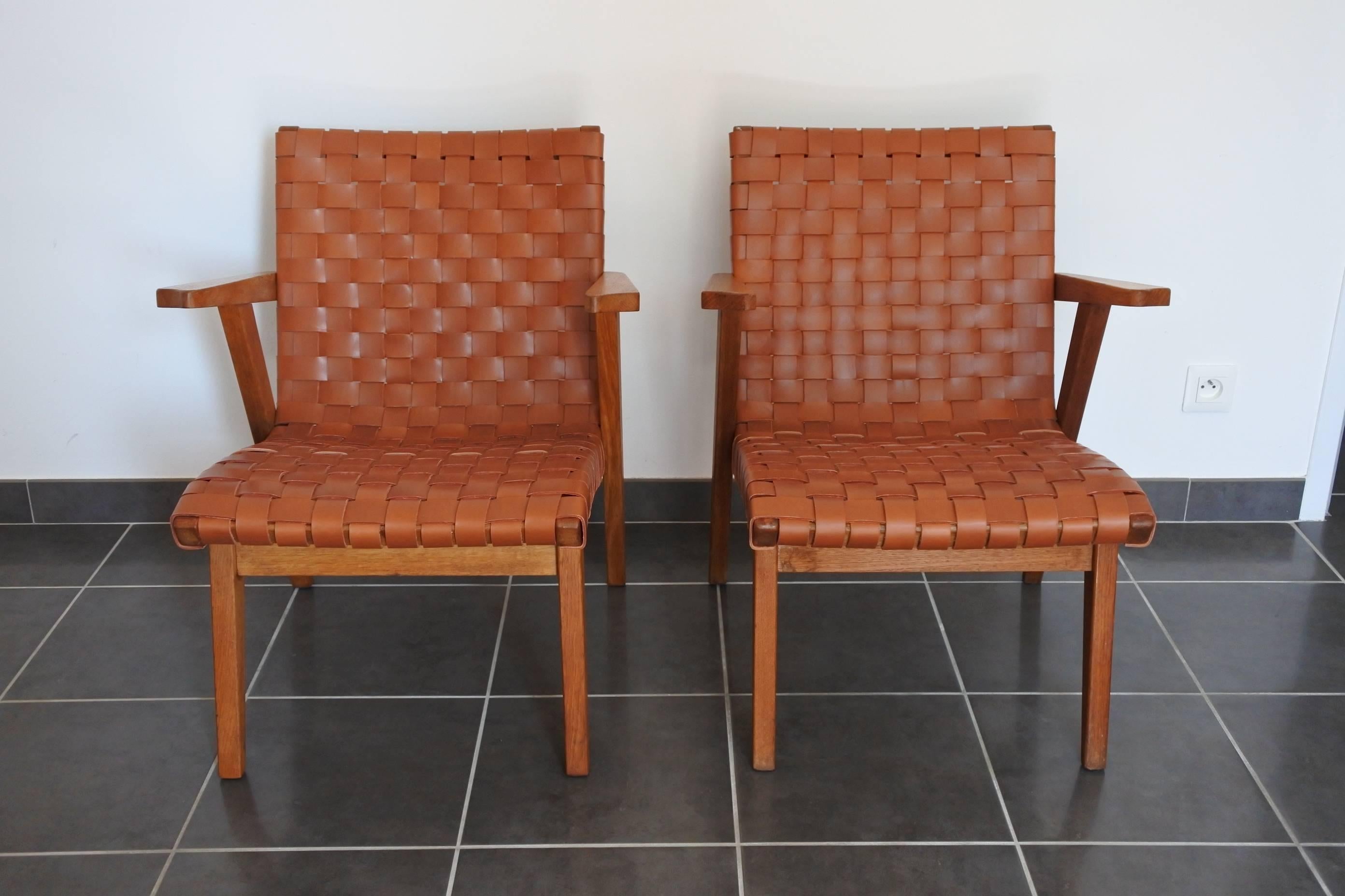 Jens Risom Pair of Leather Webbed and Oak Lounge Chairs, Knoll Int, France 1950s 2