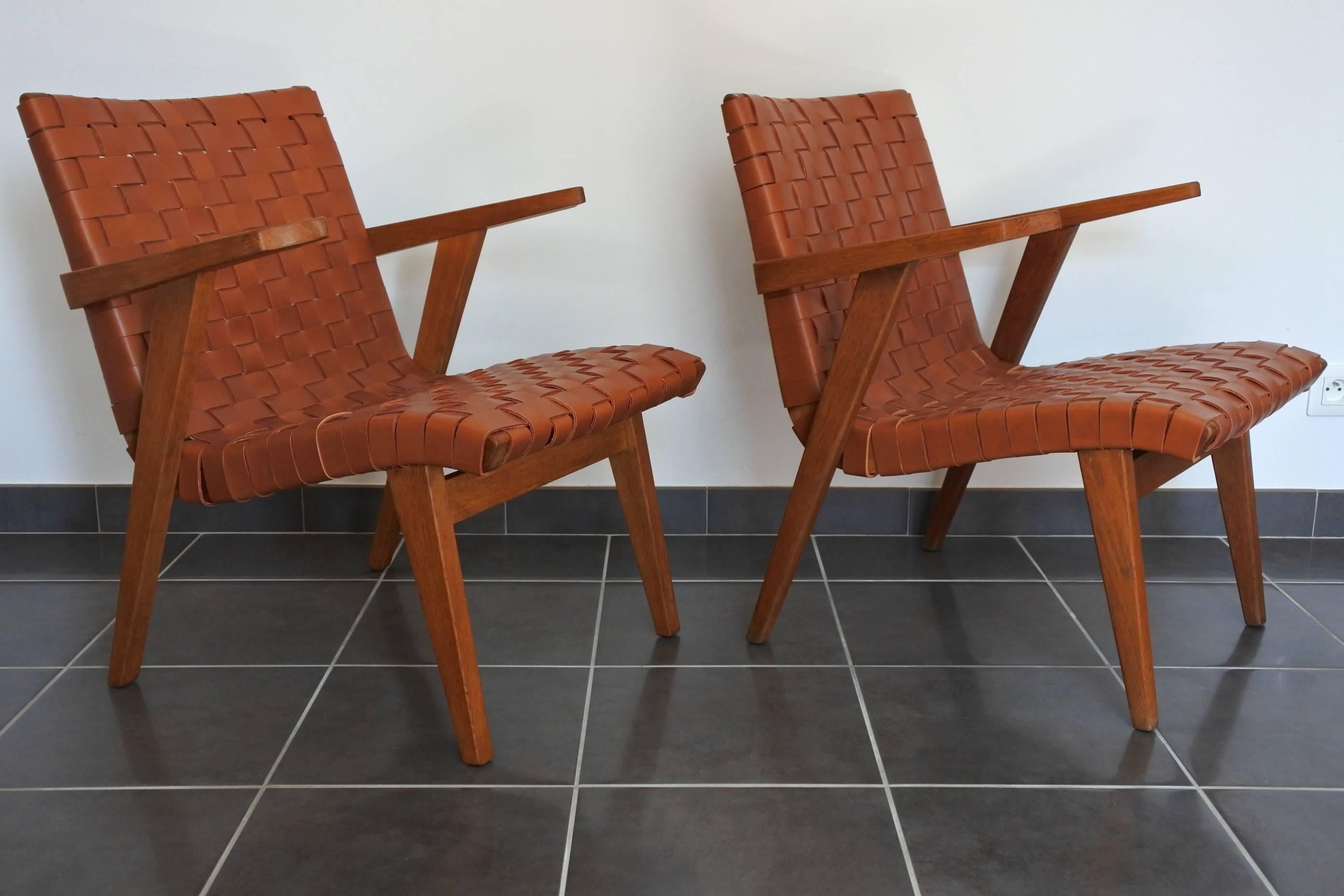 Jens Risom Pair of Leather Webbed and Oak Lounge Chairs, Knoll Int, France 1950s 3