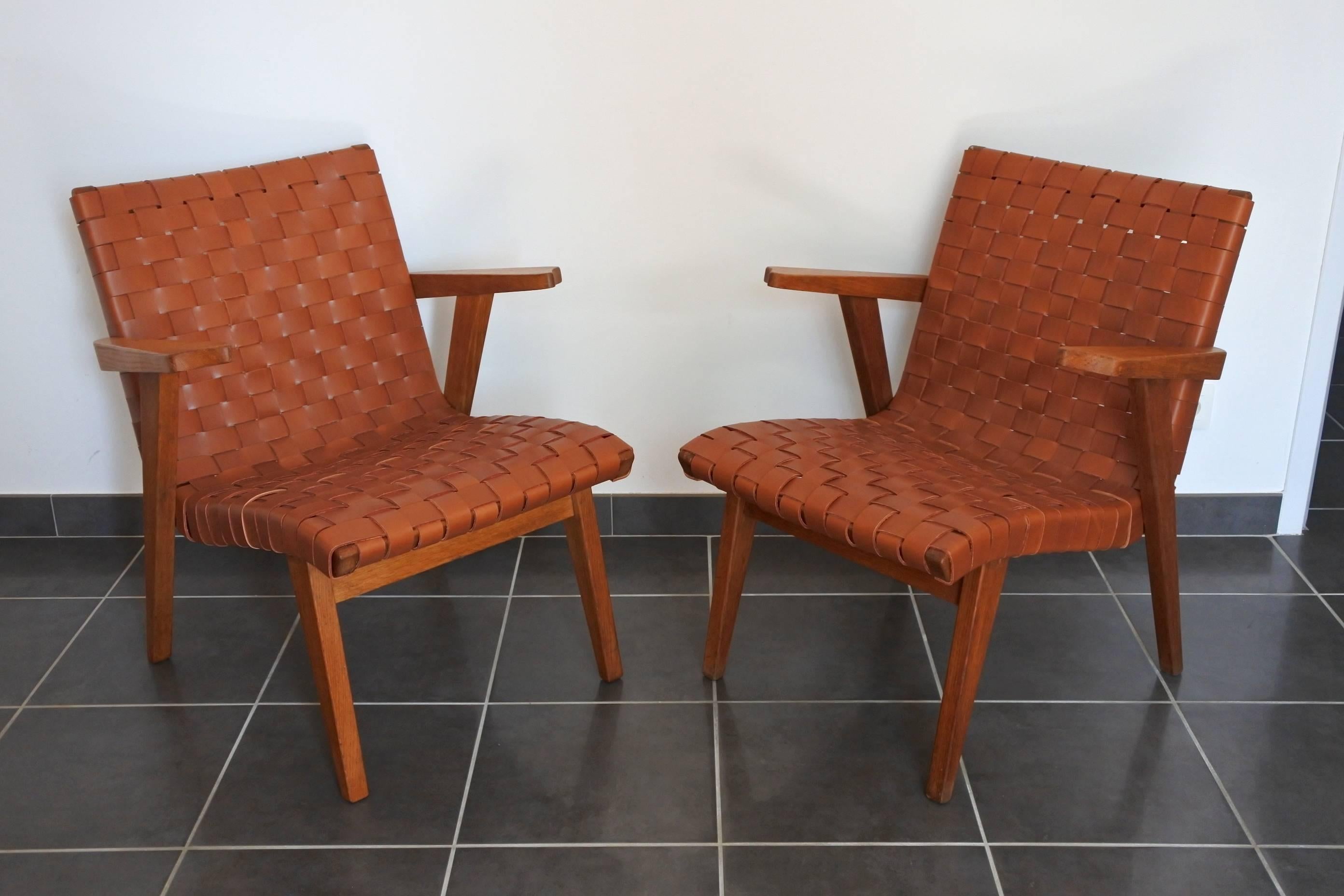 Jens Risom Pair of Leather Webbed and Oak Lounge Chairs, Knoll Int, France 1950s 4