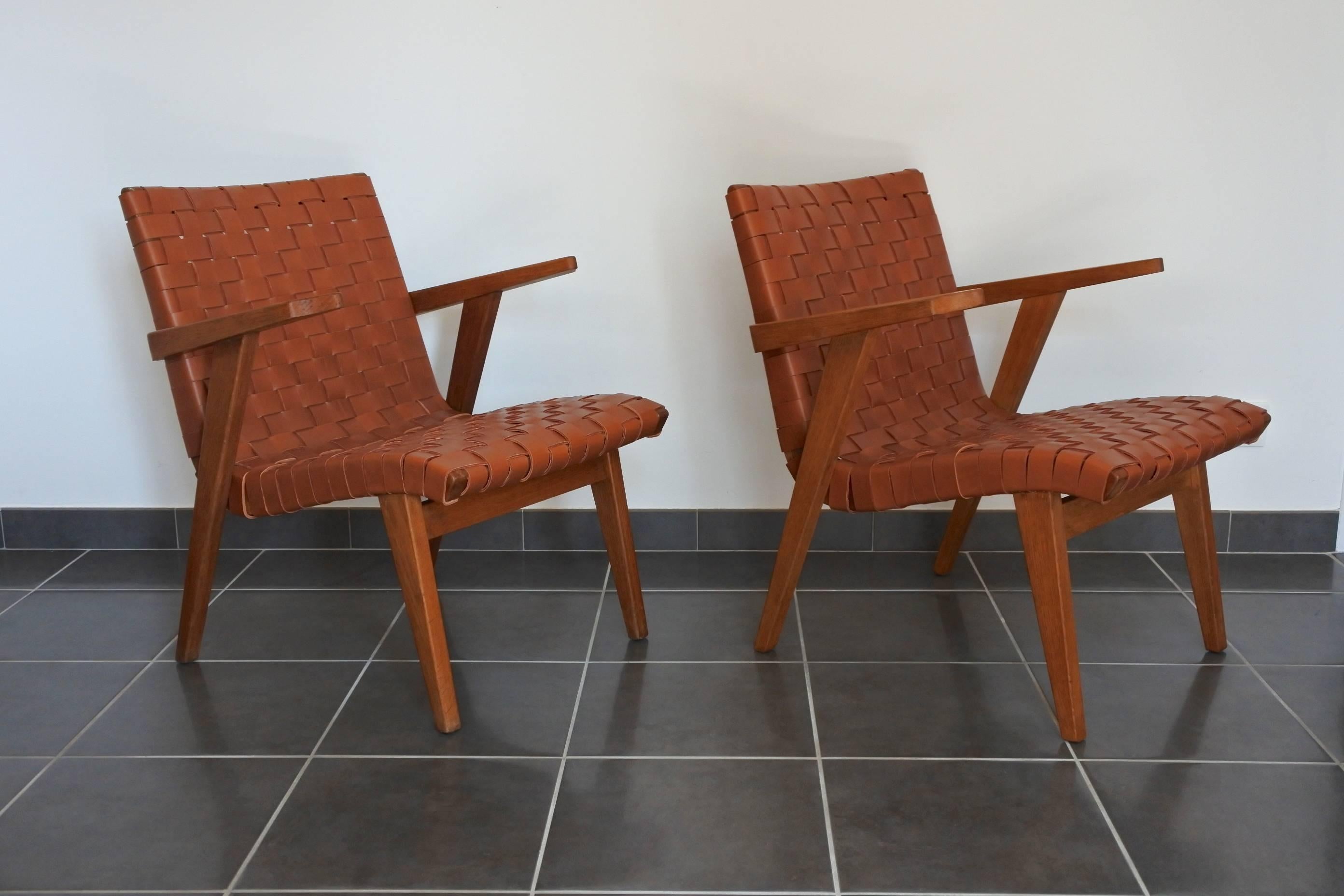 Jens Risom Pair of Leather Webbed and Oak Lounge Chairs, Knoll Int, France 1950s 6