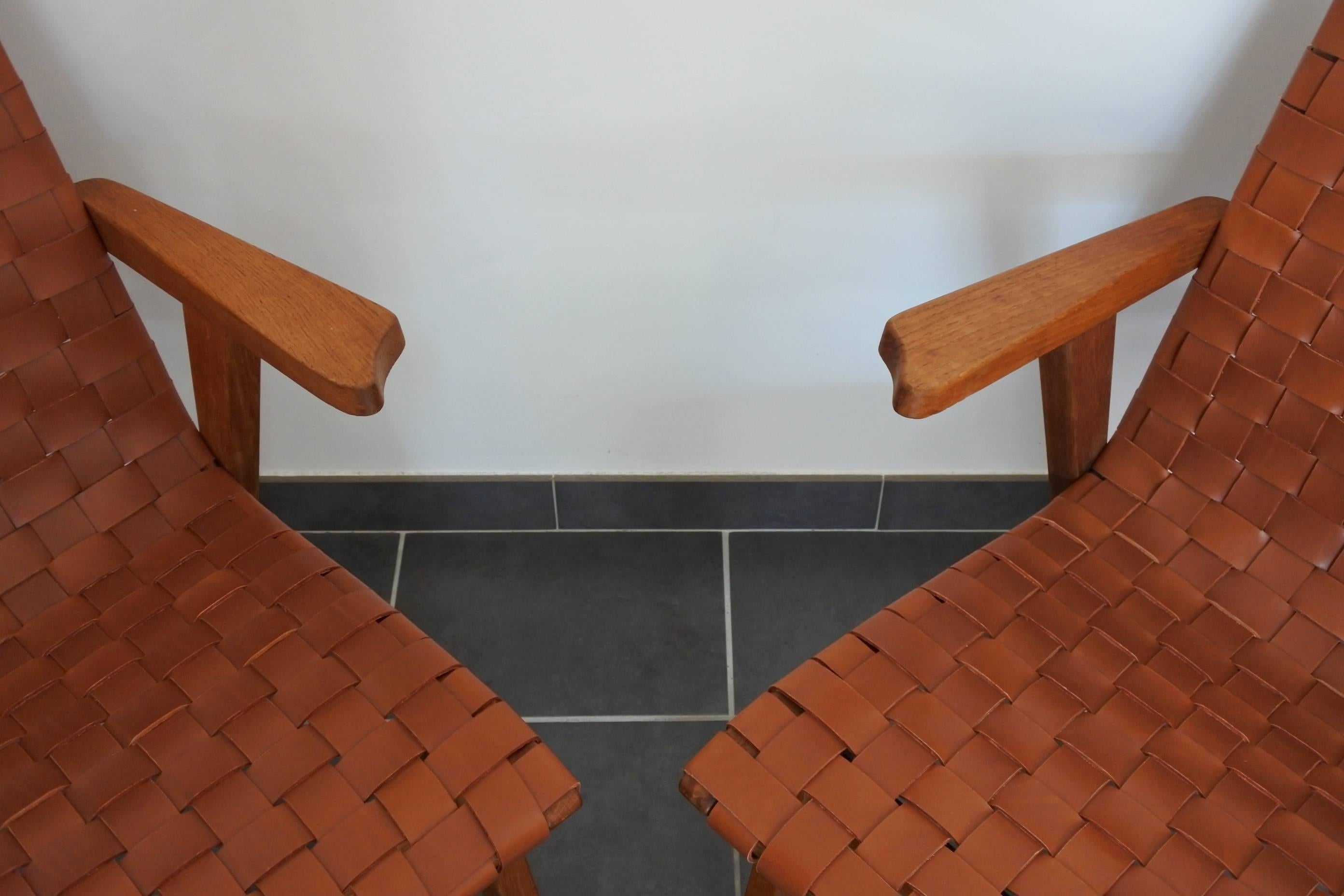 Jens Risom Pair of Leather Webbed and Oak Lounge Chairs, Knoll Int, France 1950s 7