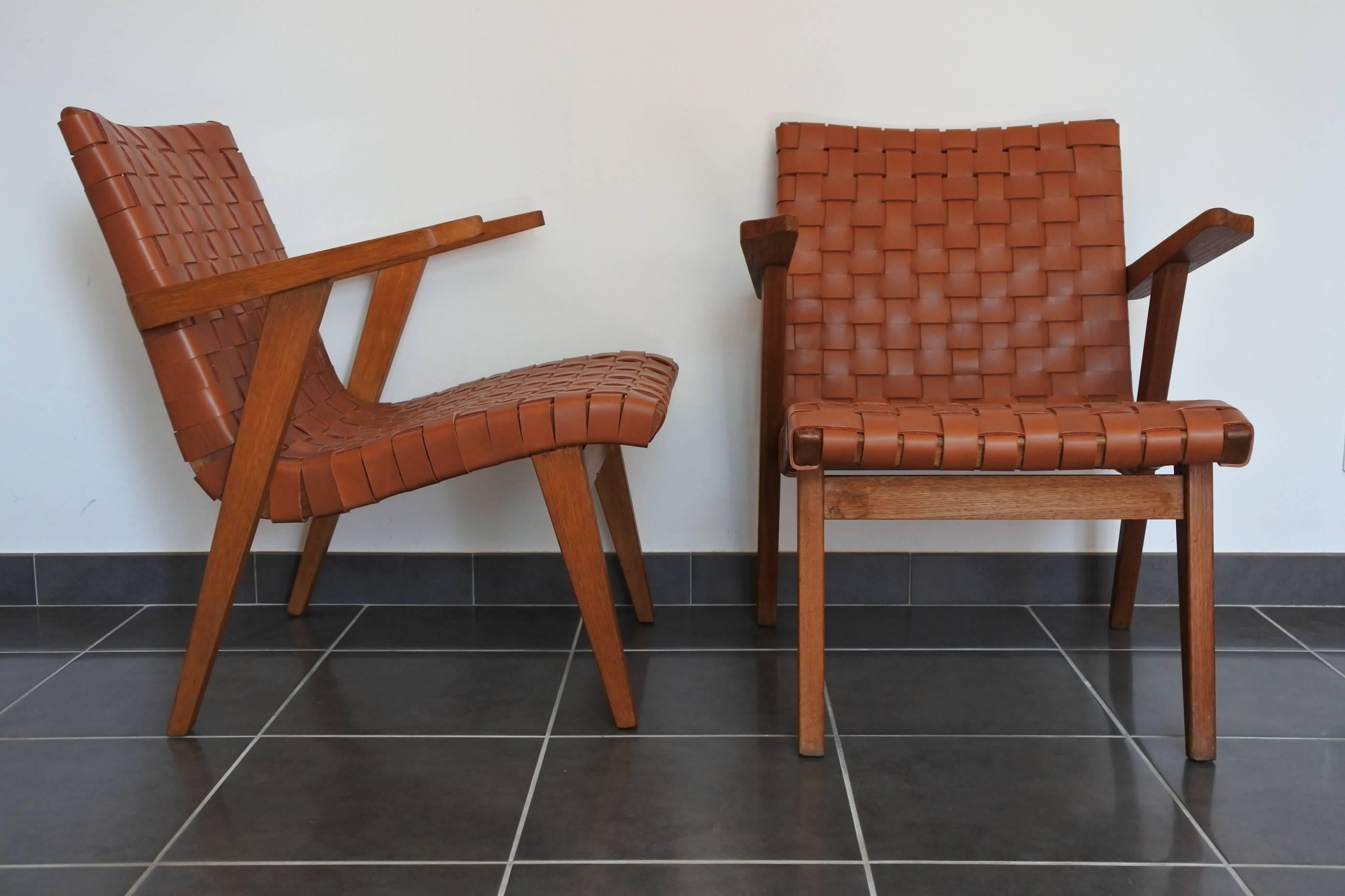 Jens Risom Pair of Leather Webbed and Oak Lounge Chairs, Knoll Int, France 1950s 10