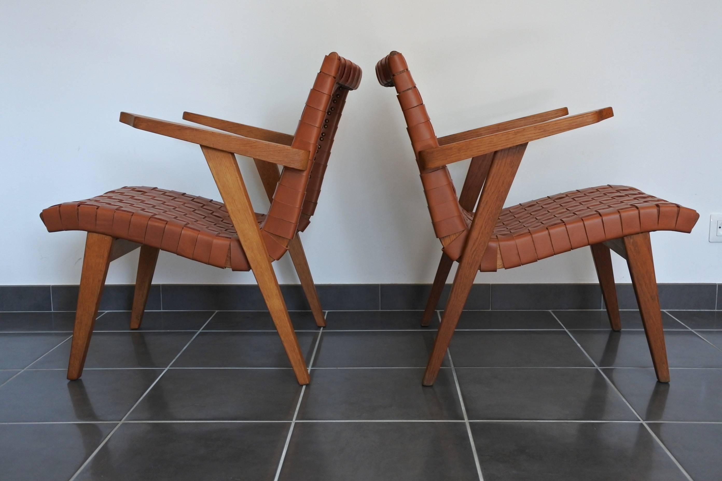 Jens Risom Pair of Leather Webbed and Oak Lounge Chairs, Knoll Int, France 1950s 1