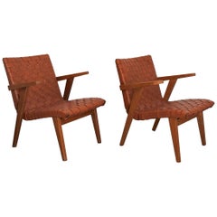 Jens Risom Pair of Leather Webbed and Oak Lounge Chairs, Knoll Int, France 1950s