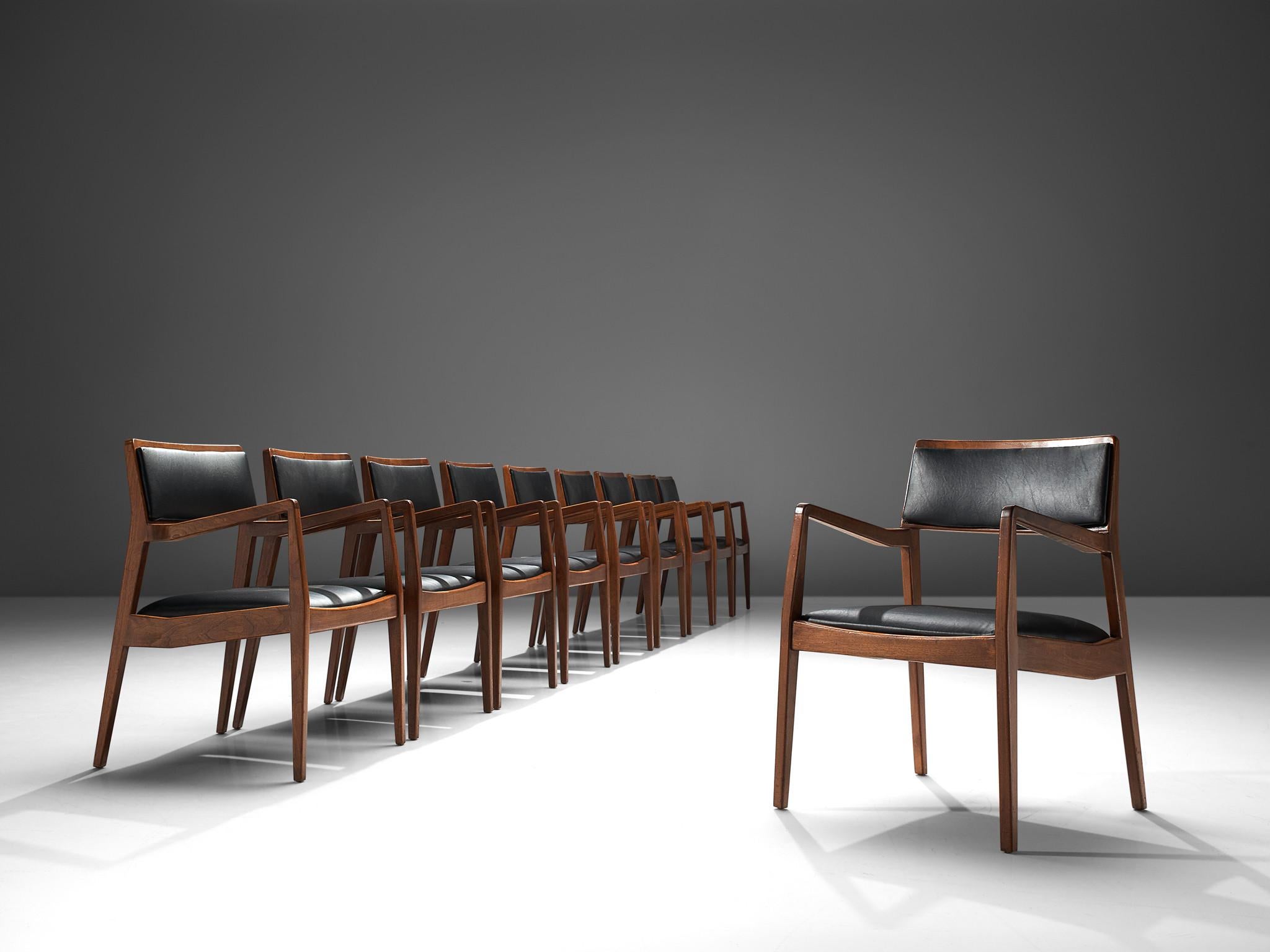 Mid-Century Modern Jens Risom 'Playboy' Armchairs in Walnut and Black Leather