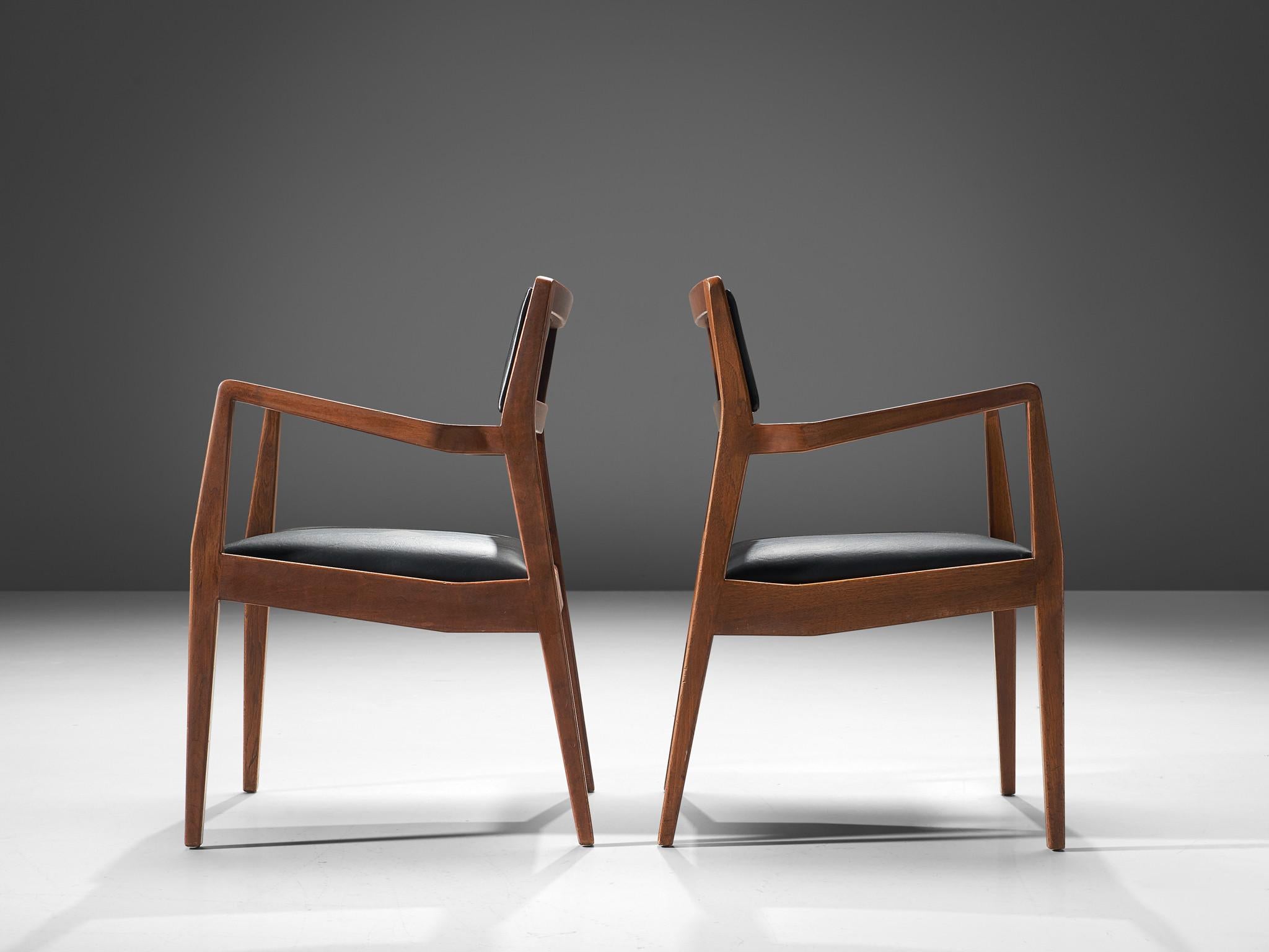 Mid-20th Century Jens Risom 'Playboy' Armchairs in Walnut and Black Leather