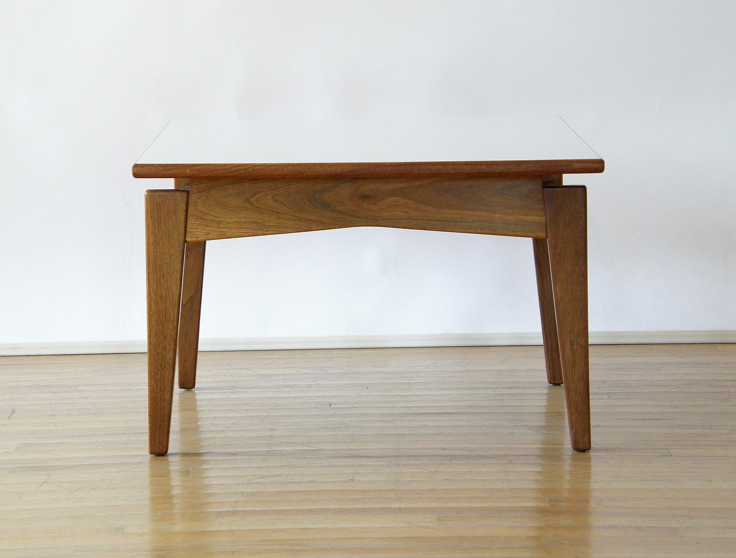 Oiled Jens Risom Rectangular Side Table with Walnut Base and White Laminate Top For Sale