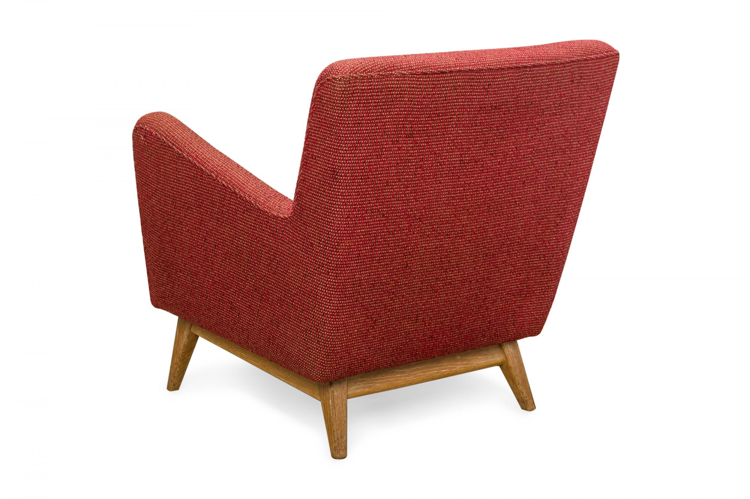 Danish Jens Risom Red Woven Fabric Upholstered Lounge Armchair For Sale