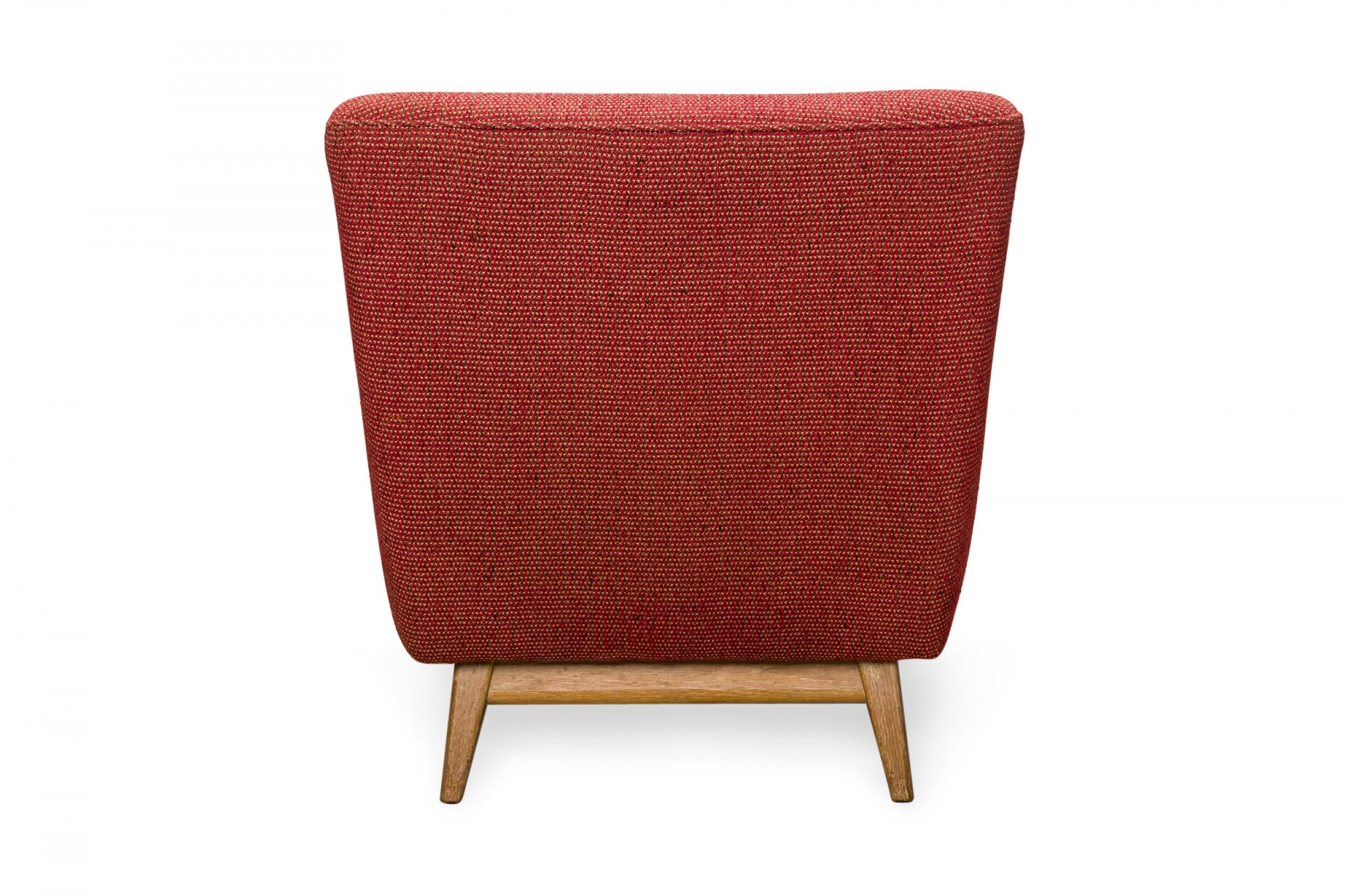 Jens Risom Red Woven Fabric Upholstered Lounge Armchair In Good Condition For Sale In New York, NY