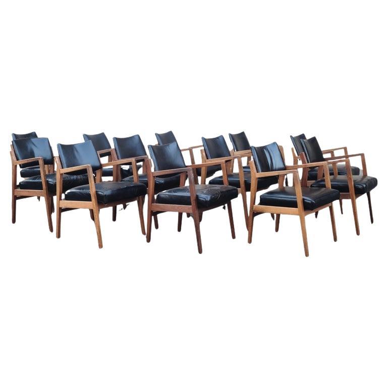 Jens Risom Set of 12 Captains Arm Chairs Walnut For Sale