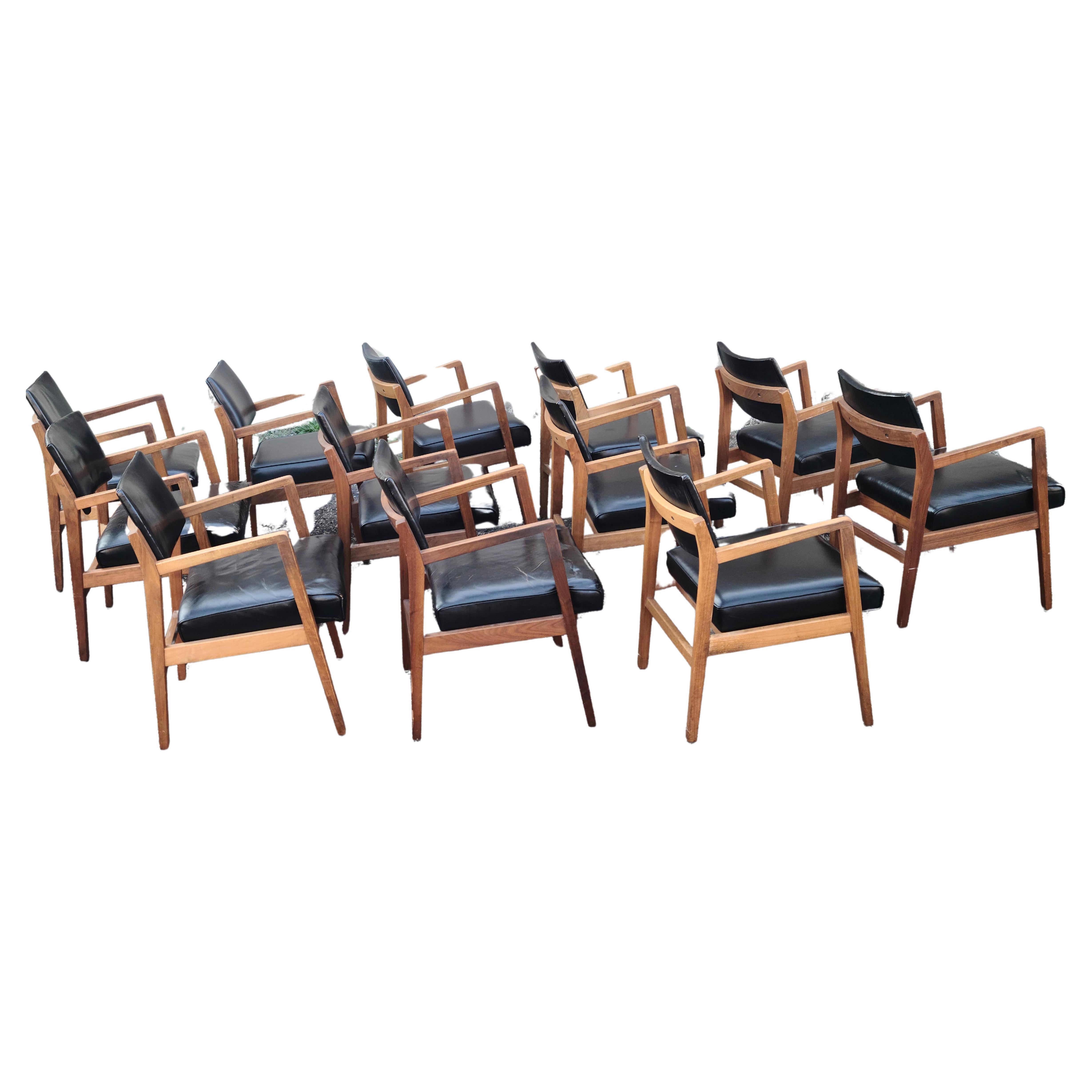 Jens Risom Set of 12 Captains Arm Chairs Walnut Leather For Sale 4