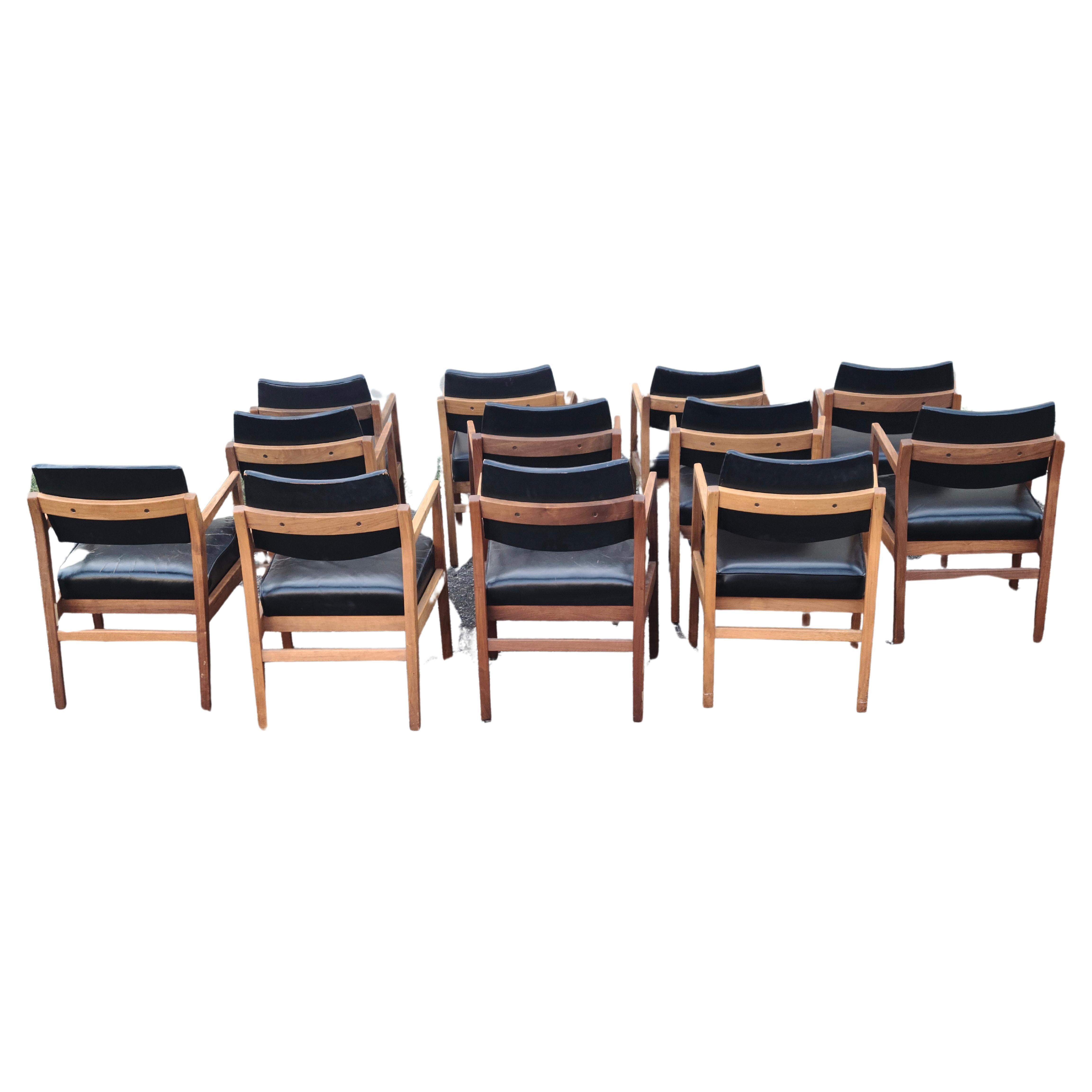 Jens Risom Set of 12 Captains Arm Chairs Walnut Leather For Sale 5