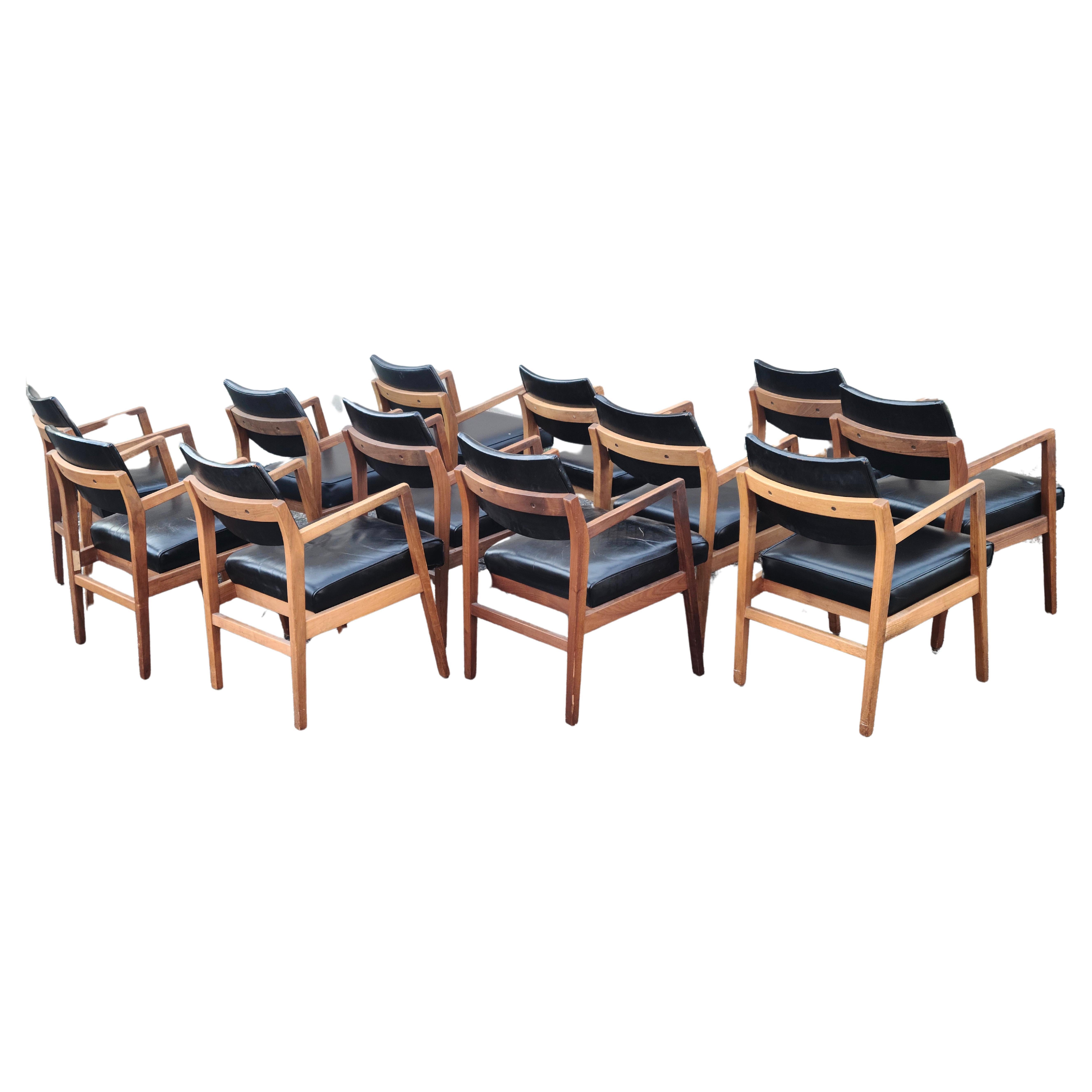 Jens Risom Set of 12 Captains Arm Chairs Walnut Leather For Sale 7