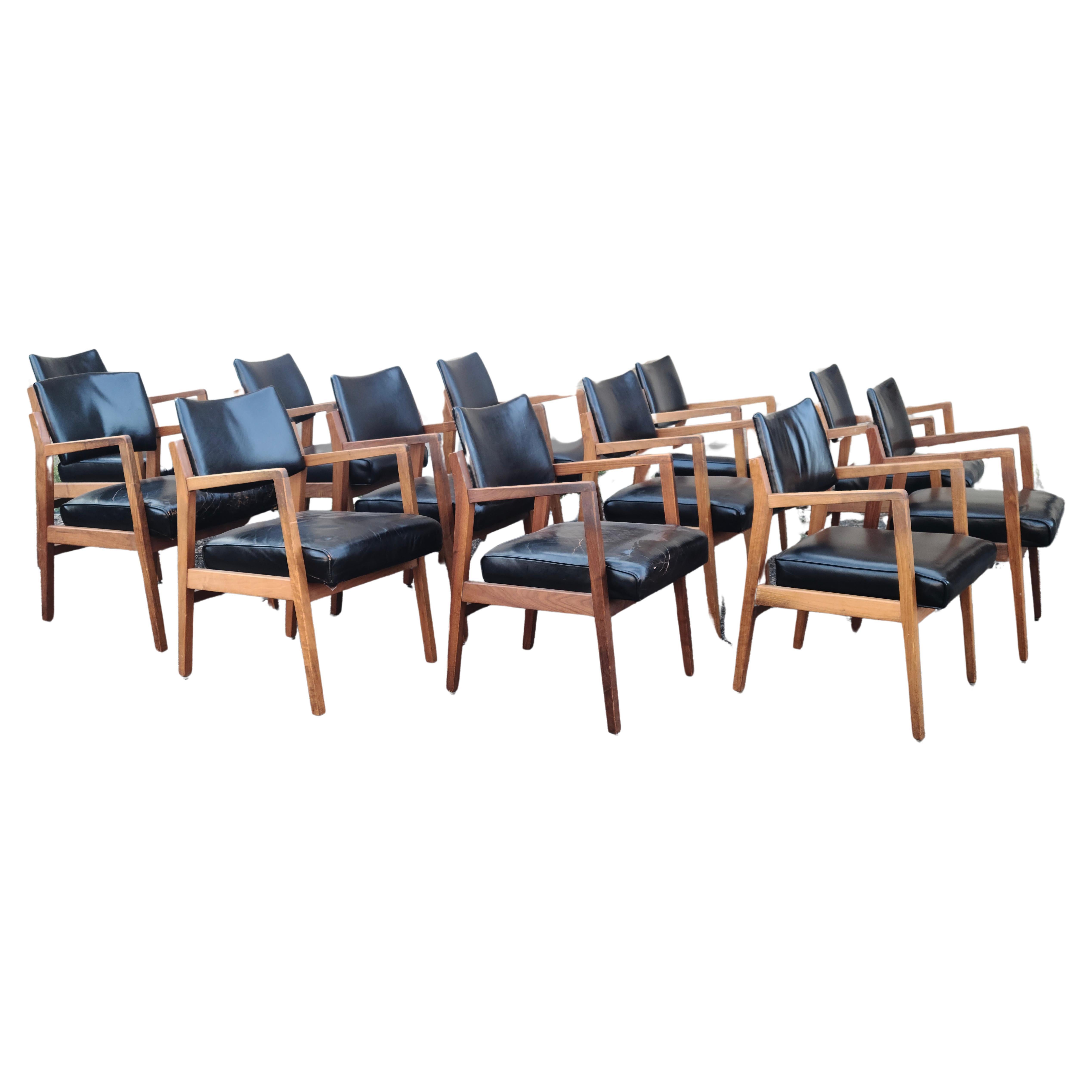 Jens Risom Set of 12 Captains Arm Chairs Walnut Leather For Sale 8