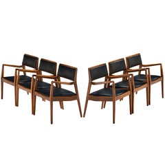 Jens Risom Set of Six ‘Playboy’ Armchairs in Black Upholstery and Walnut