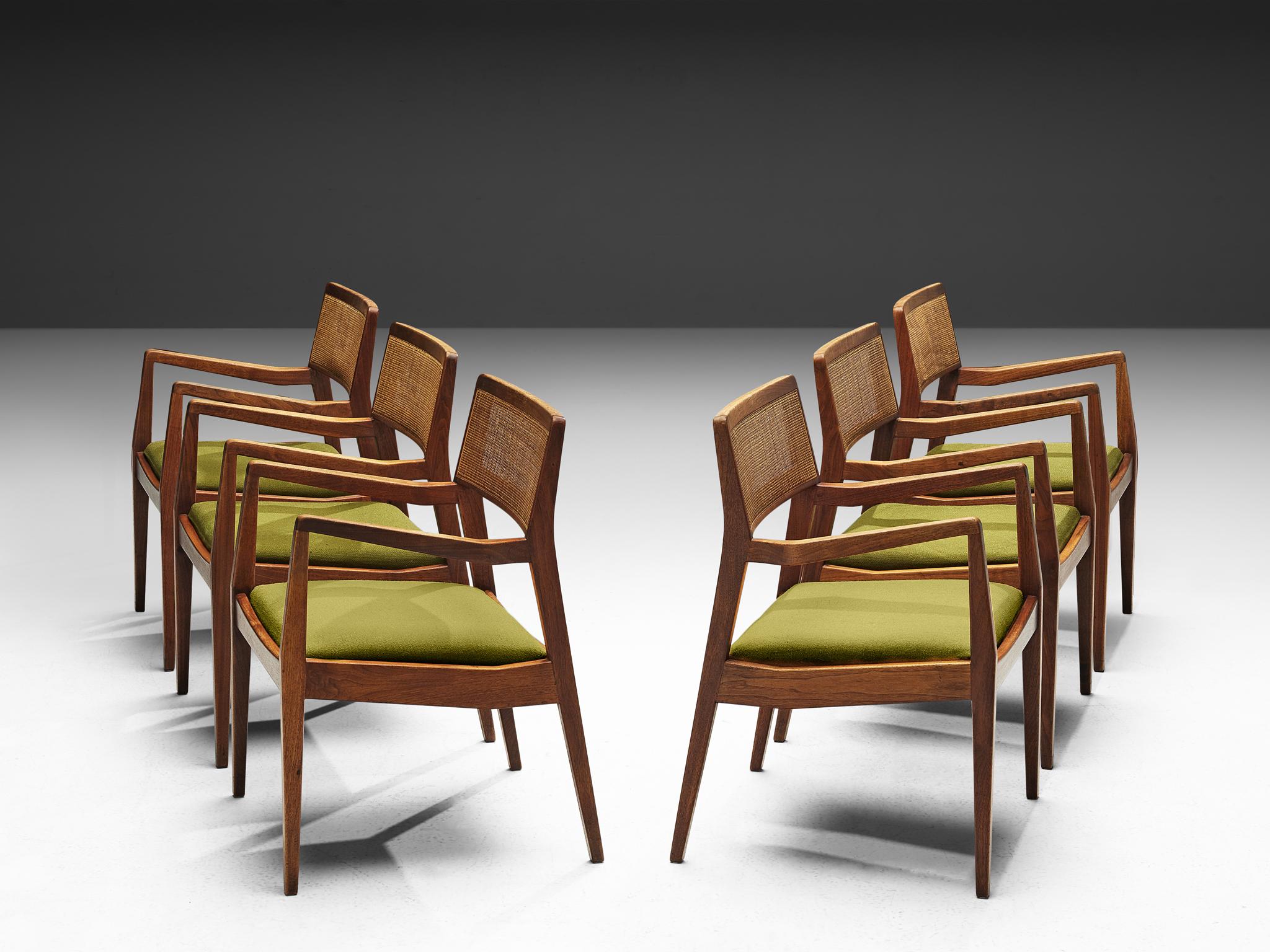 Jens Risom, 'Playboy' armchairs, cane, fabric, walnut, United States, design 1958, production 1960s

These 