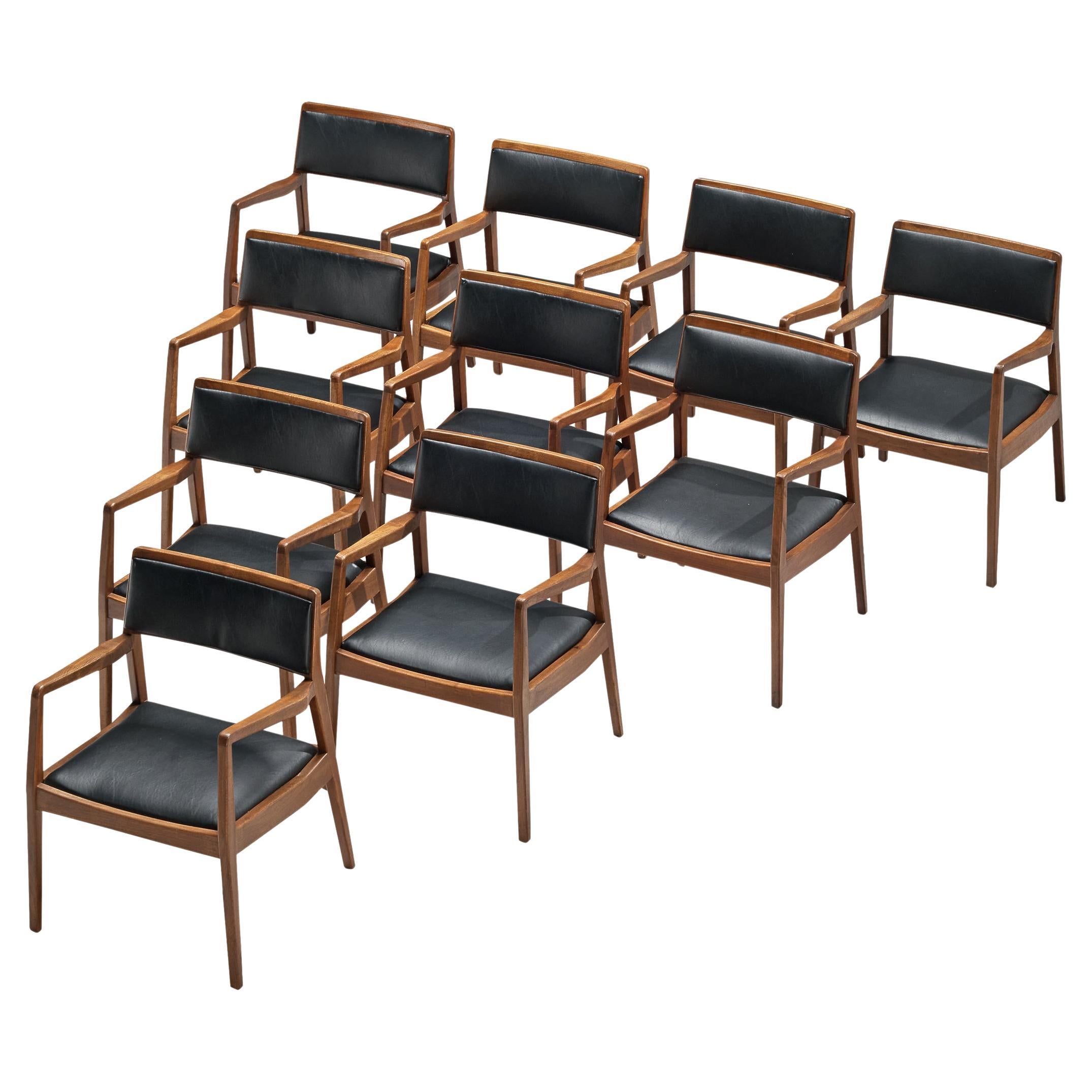 Jens Risom Set of Ten ‘Playboy’ Armchairs in Walnut and Black Upholstery 