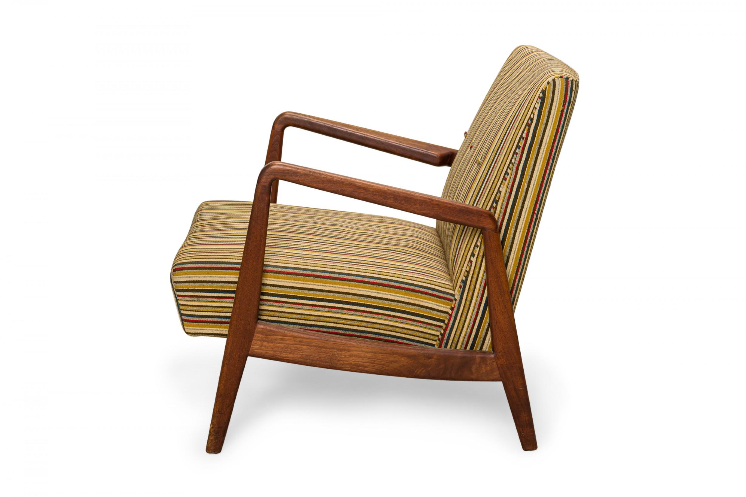 Mid-Century Modern Jens Risom Shaped Teak and Striped Upholstered Lounge Armchair For Sale