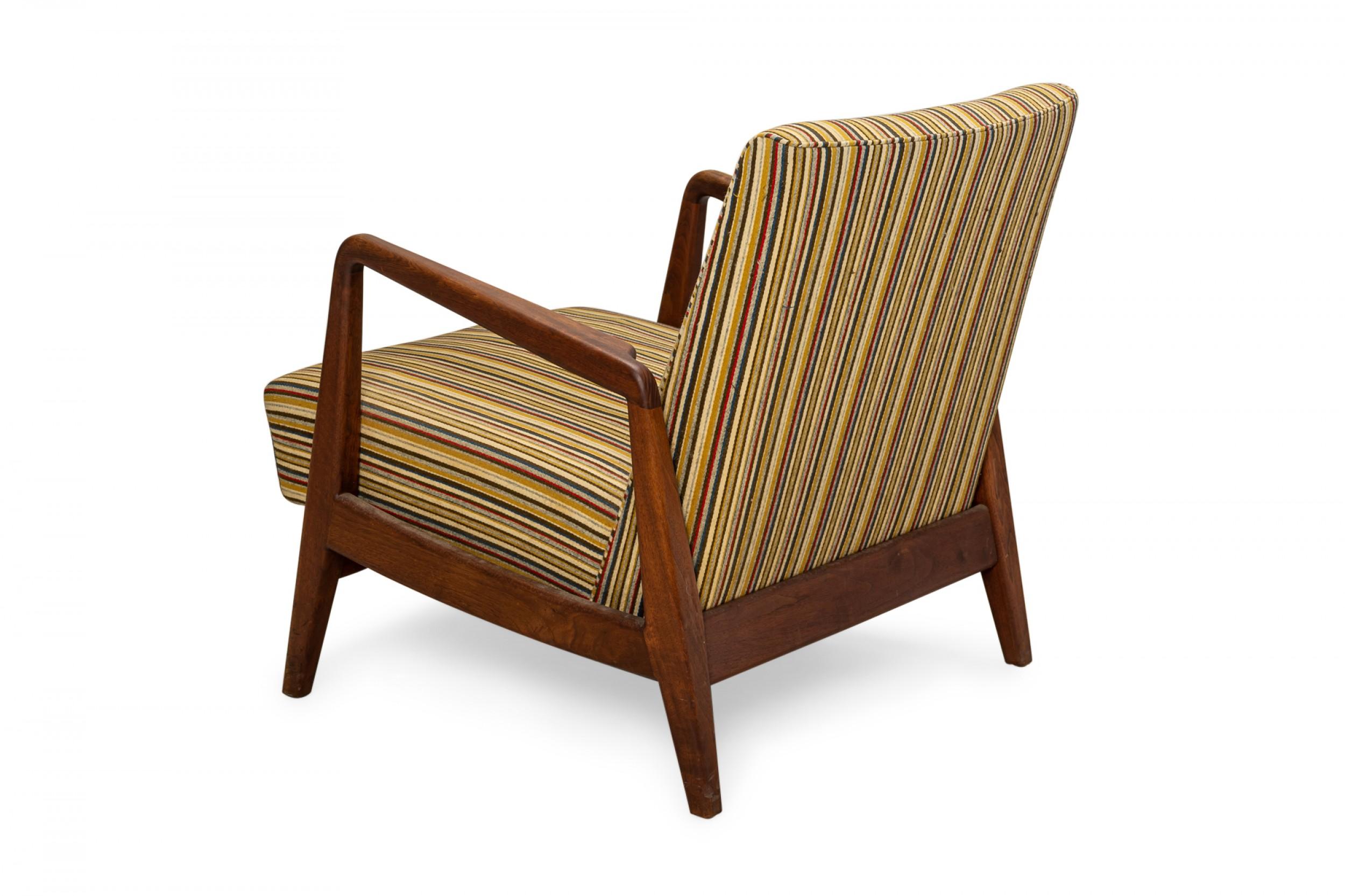Danish Jens Risom Shaped Teak and Striped Upholstered Lounge Armchair For Sale