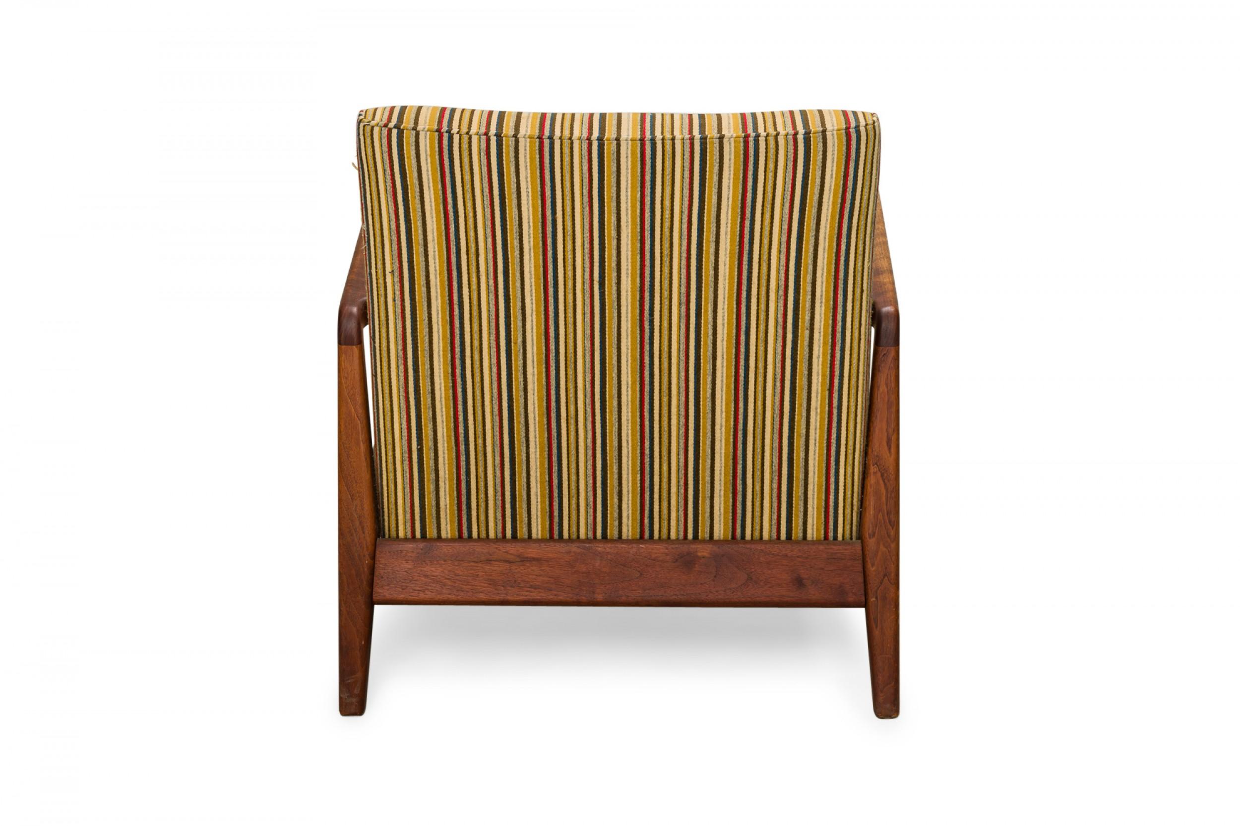 Jens Risom Shaped Teak and Striped Upholstered Lounge Armchair In Good Condition For Sale In New York, NY