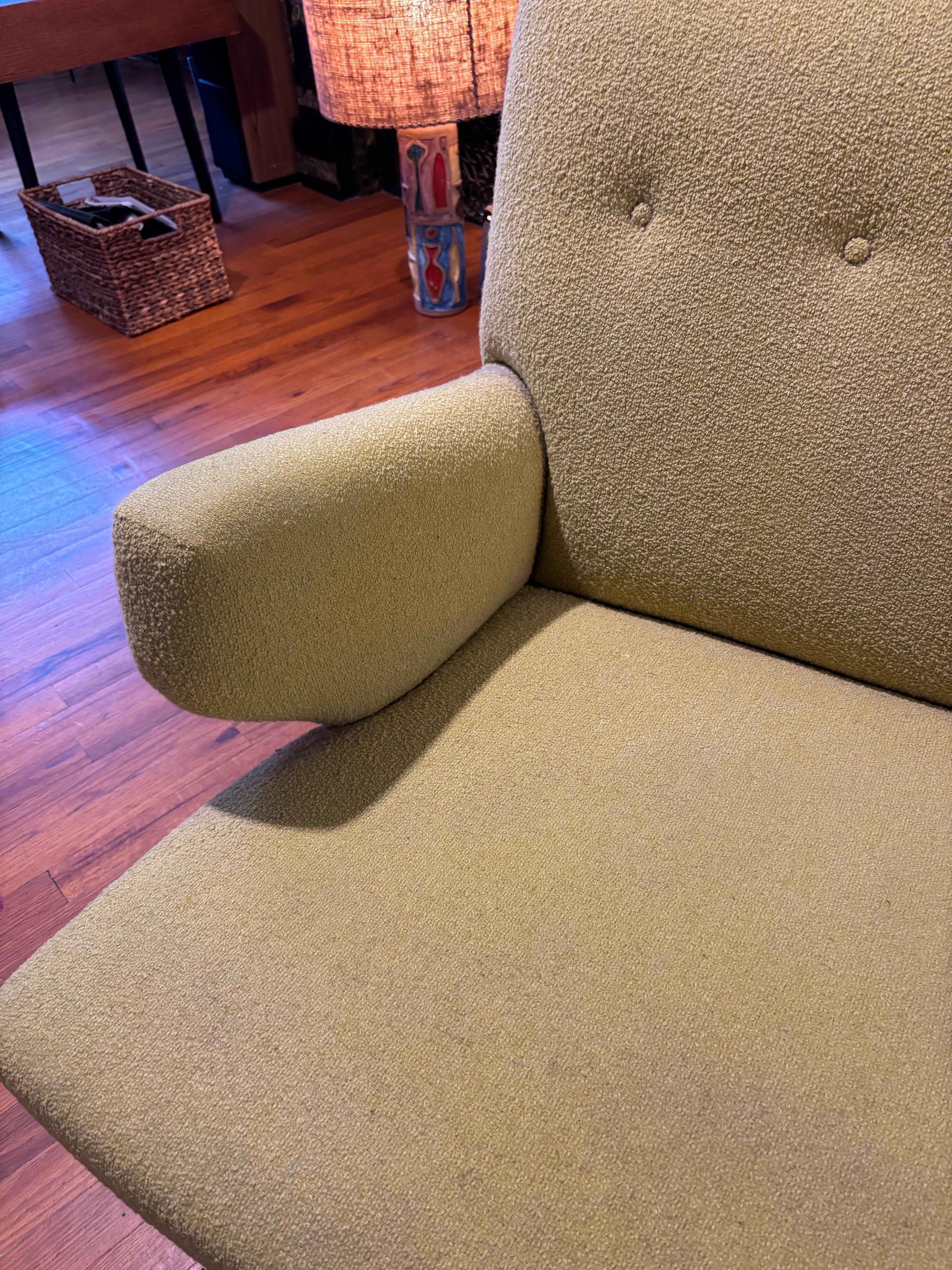 Jens Risom Sofa.  Sofa was reupholstered several years ago  and is ready for it's redo!  Structure is solid and usable as is,  but fabric shows texture loss and faint stains.  Sofa was just professionally cleaned so it is ready for its next vision! 