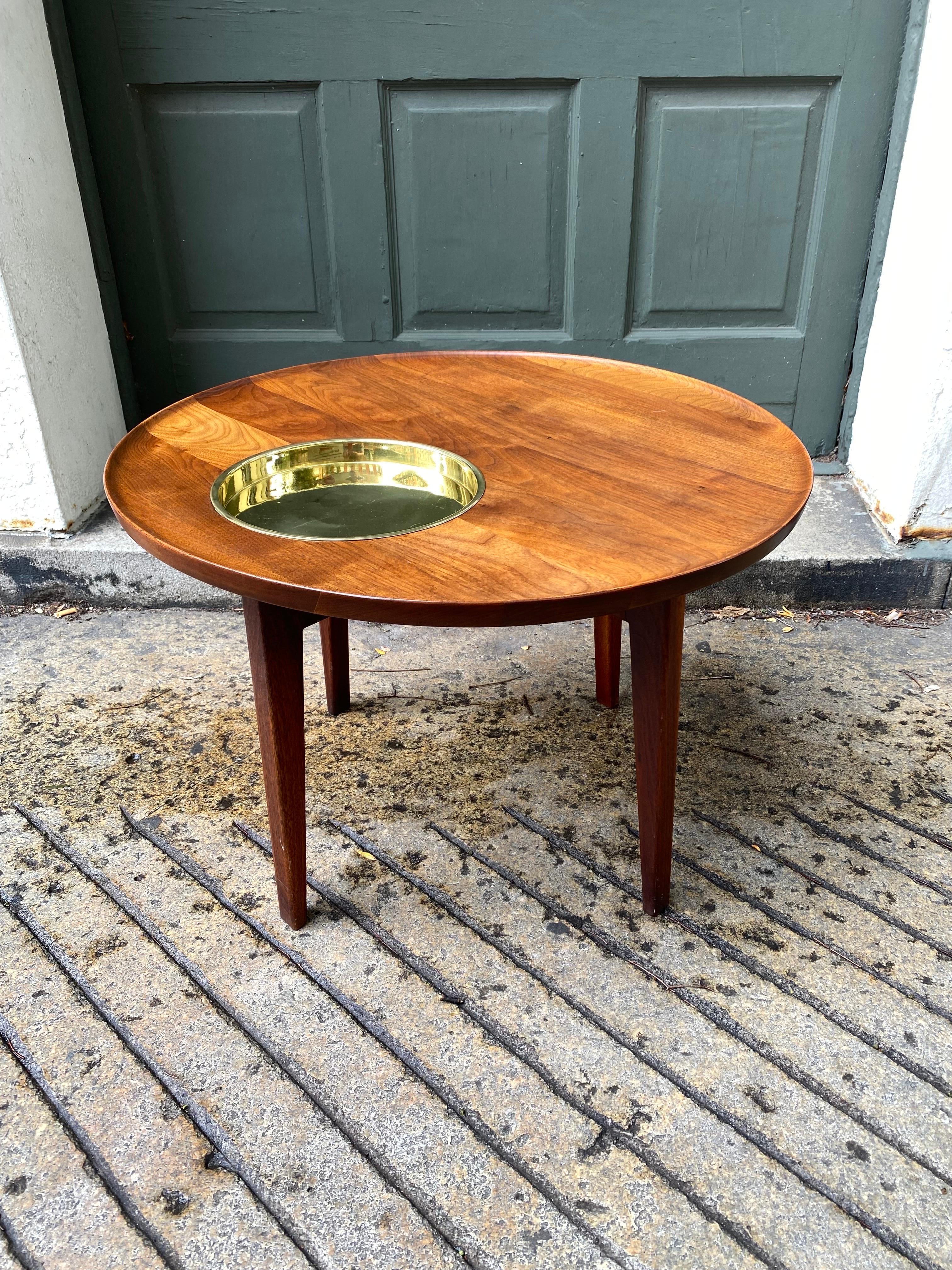 Jens Risom Solid Walnut Side Table with a Brass Dish set into top for either plants or items not to roll away!  Small lip also keeps things on the surface!  Table came as a revolving model and this style that does not spin.  Both are extremely hard