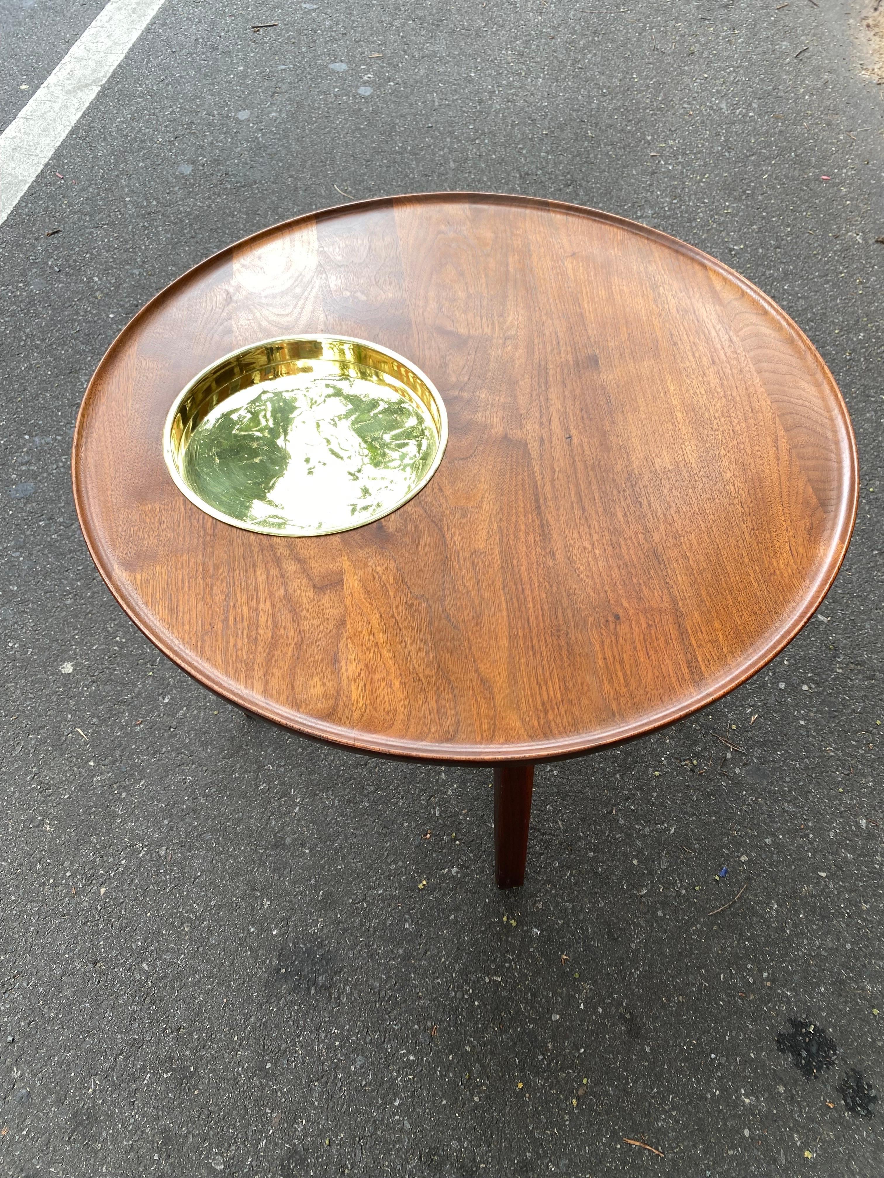American Jens Risom Solid Walnut and Brass Round Side Table For Sale