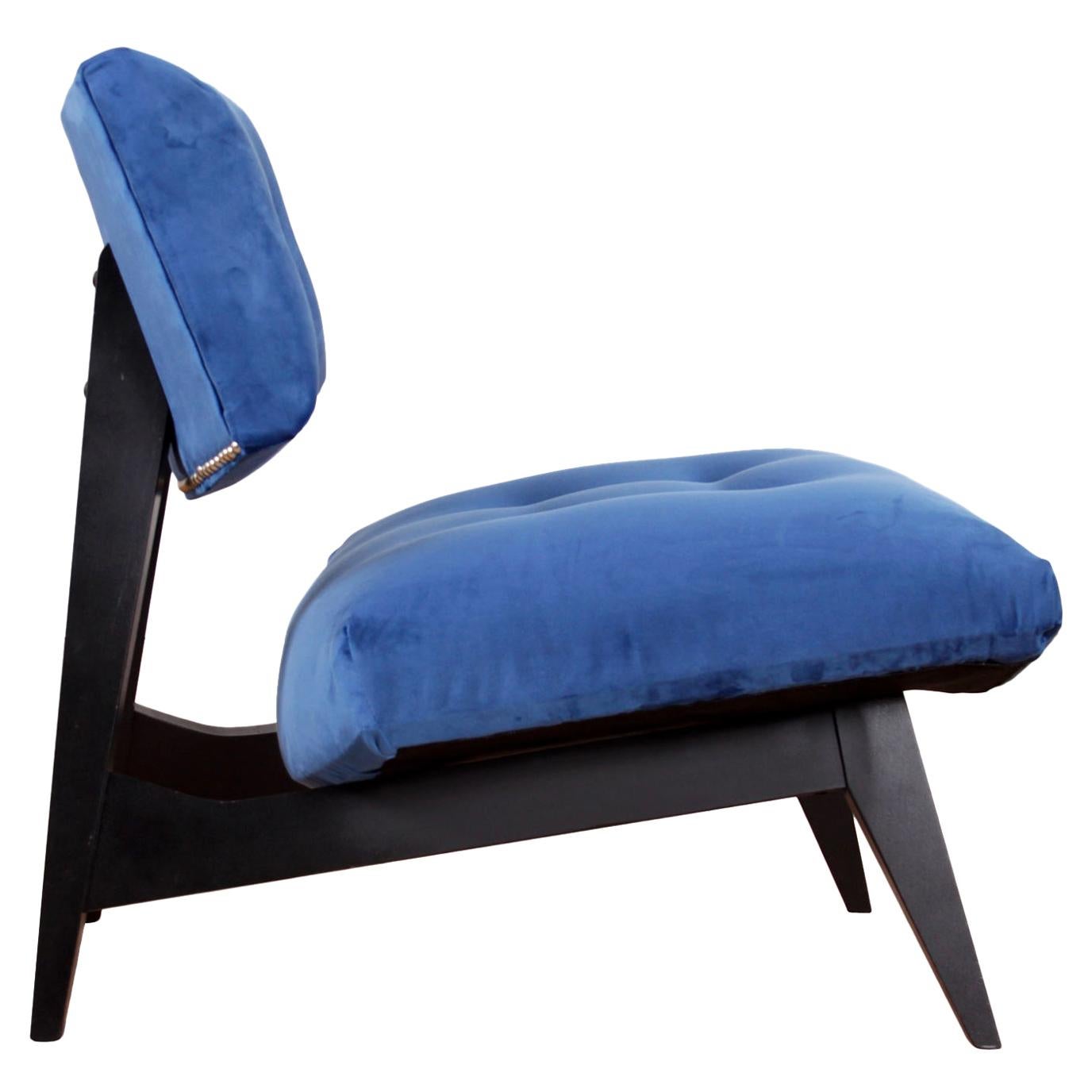 Mid-Century Modern Jens Risom Style Blue Velvet Slipper Chair