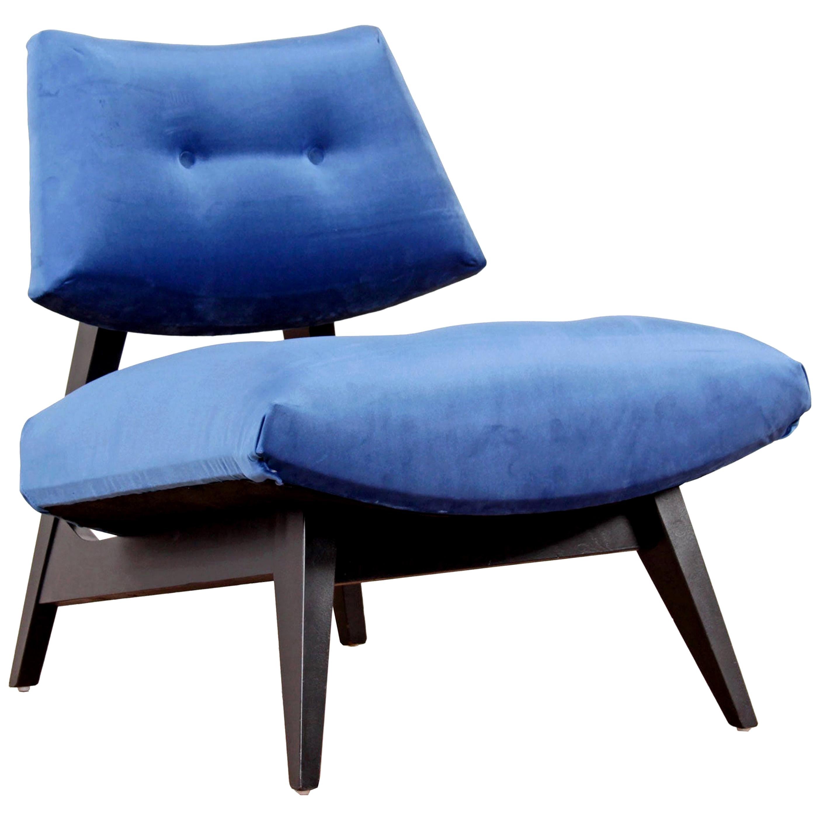 Jens Risom Style Blue Velvet Slipper Chair