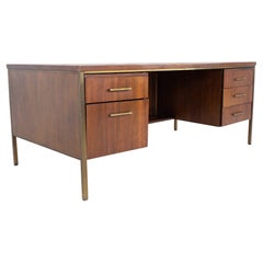 Jens Risom Style Mid Century Brass and Walnut Executive Desk