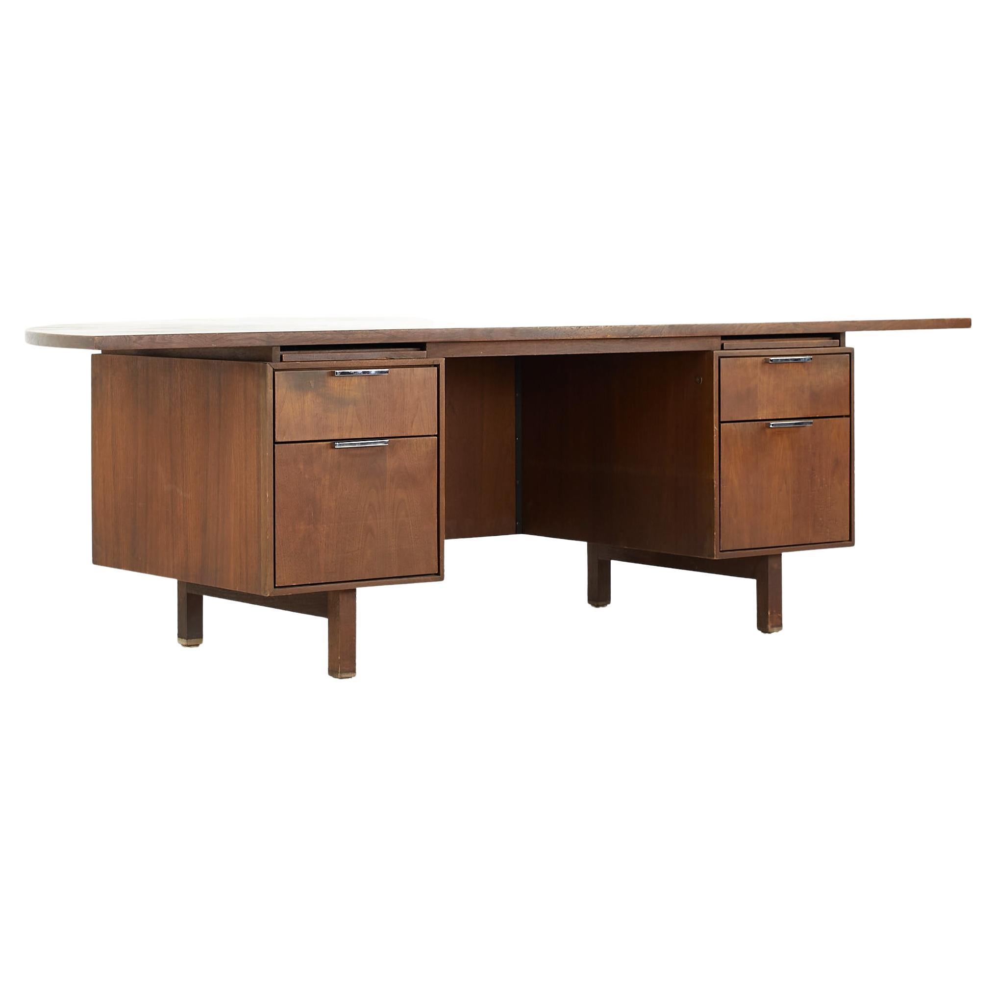 Jens Risom Style Mid-Century Half Circle Walnut Executive Desk For Sale