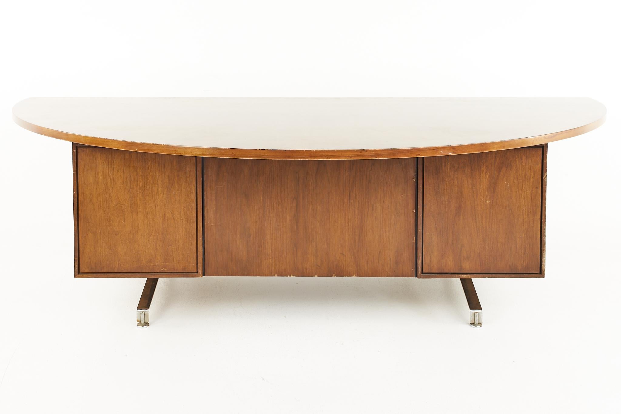 Chrome Jens Risom Style Mid Century Half Round Walnut Executive Desk For Sale