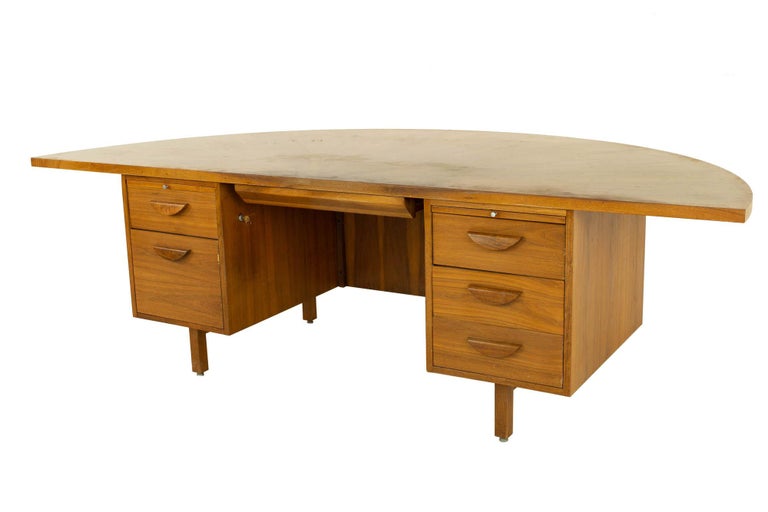 Jens Risom Style Mid Century Half Round Walnut Executive Desk at