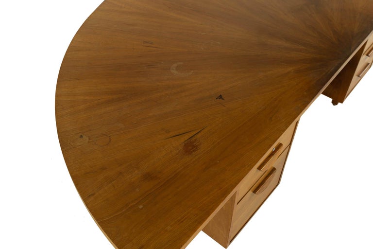 Jens Risom Style Mid Century Half Round Walnut Executive Desk at