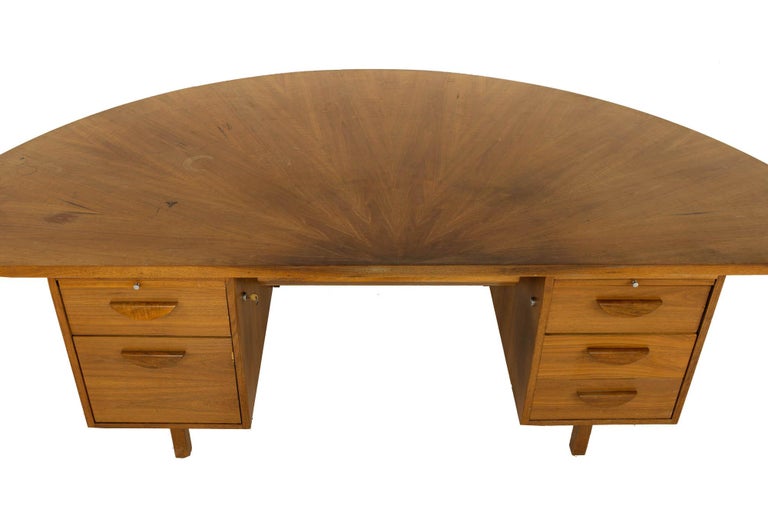 Jens Risom Style Mid Century Half Round Walnut Executive Desk at