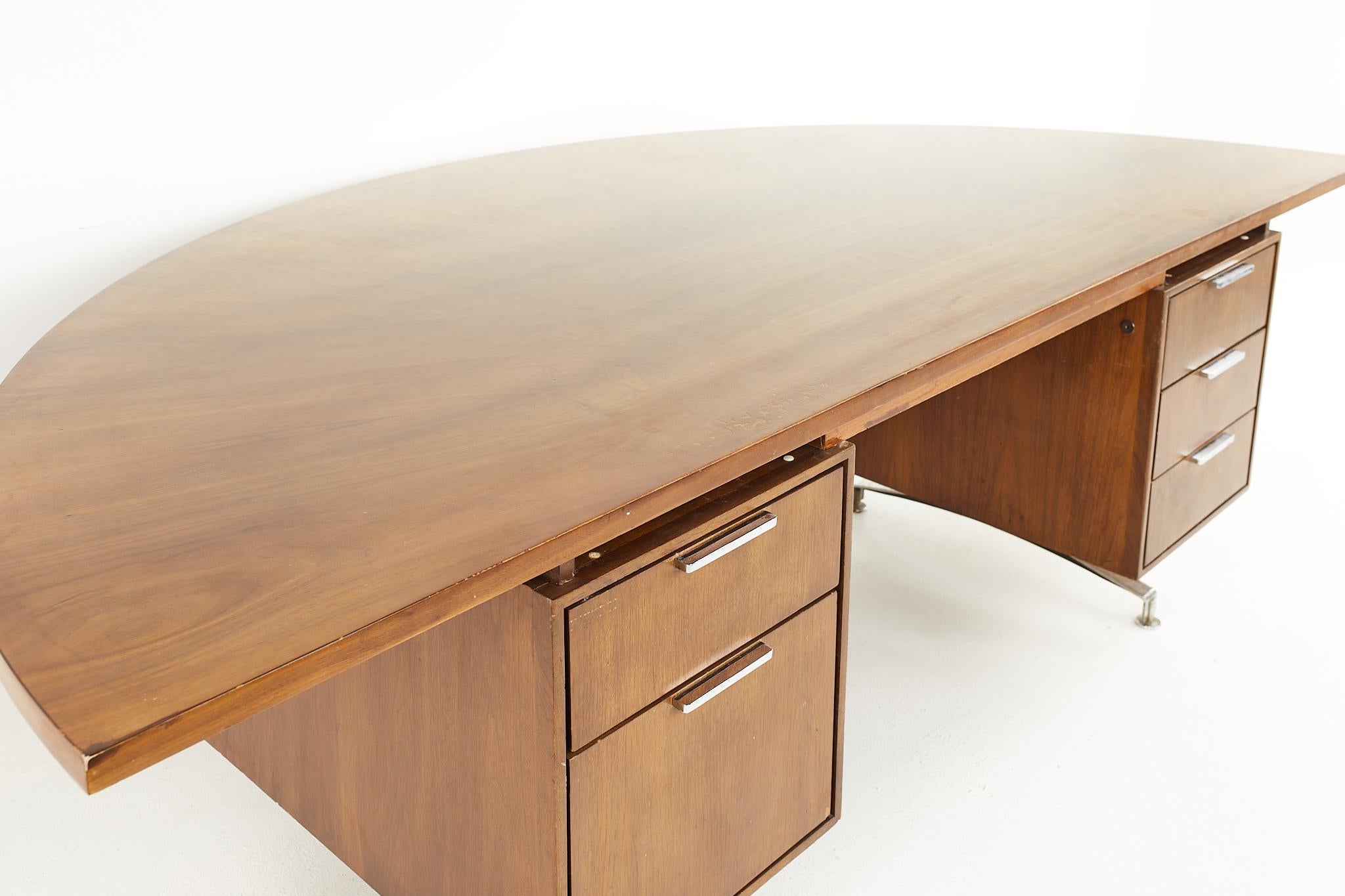 American Jens Risom Style Mid Century Half Round Walnut Executive Desk For Sale
