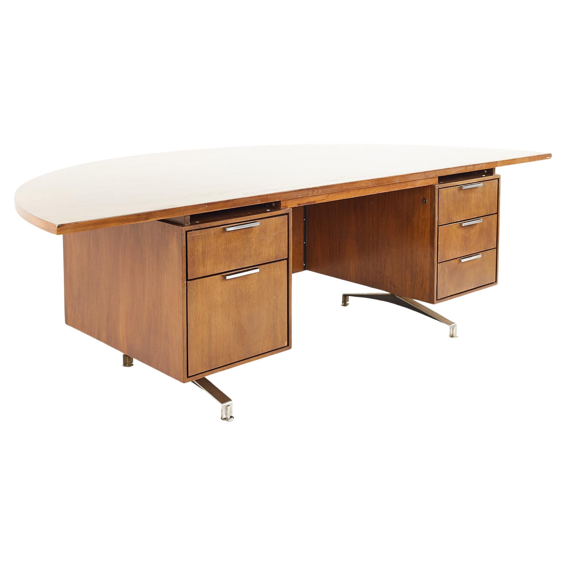 Jens Risom Style Mid Century Half Round Walnut Executive Desk For Sale