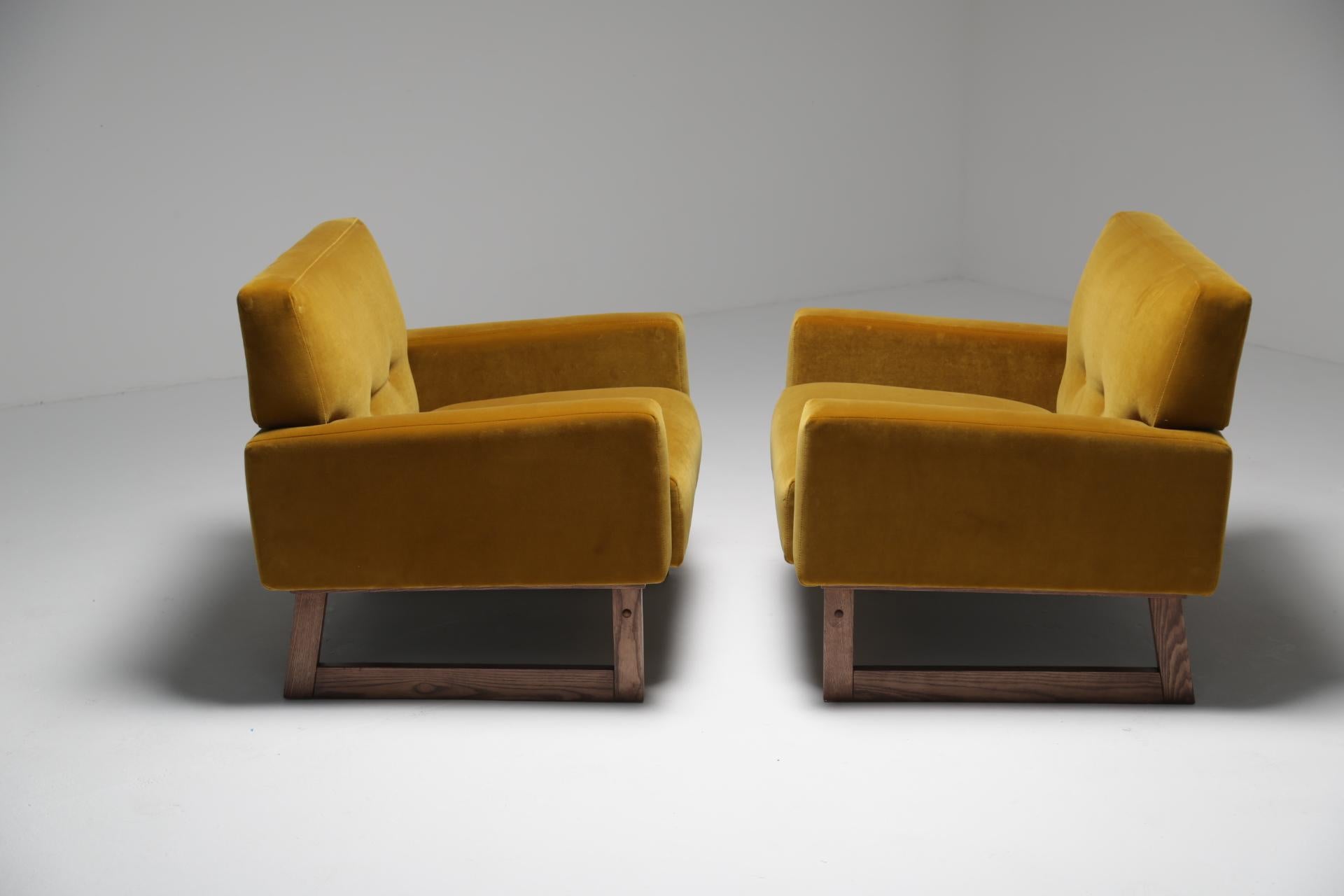 Jens Risom style mid-century modern gold velvet armchairs 2