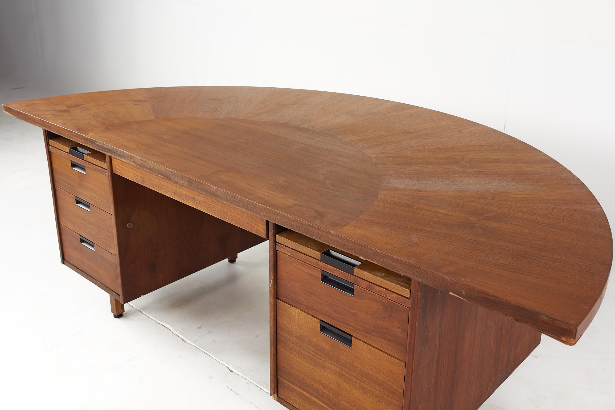 Late 20th Century Jens Risom Style Mid-Century Walnut Semi Circle Executive Desk